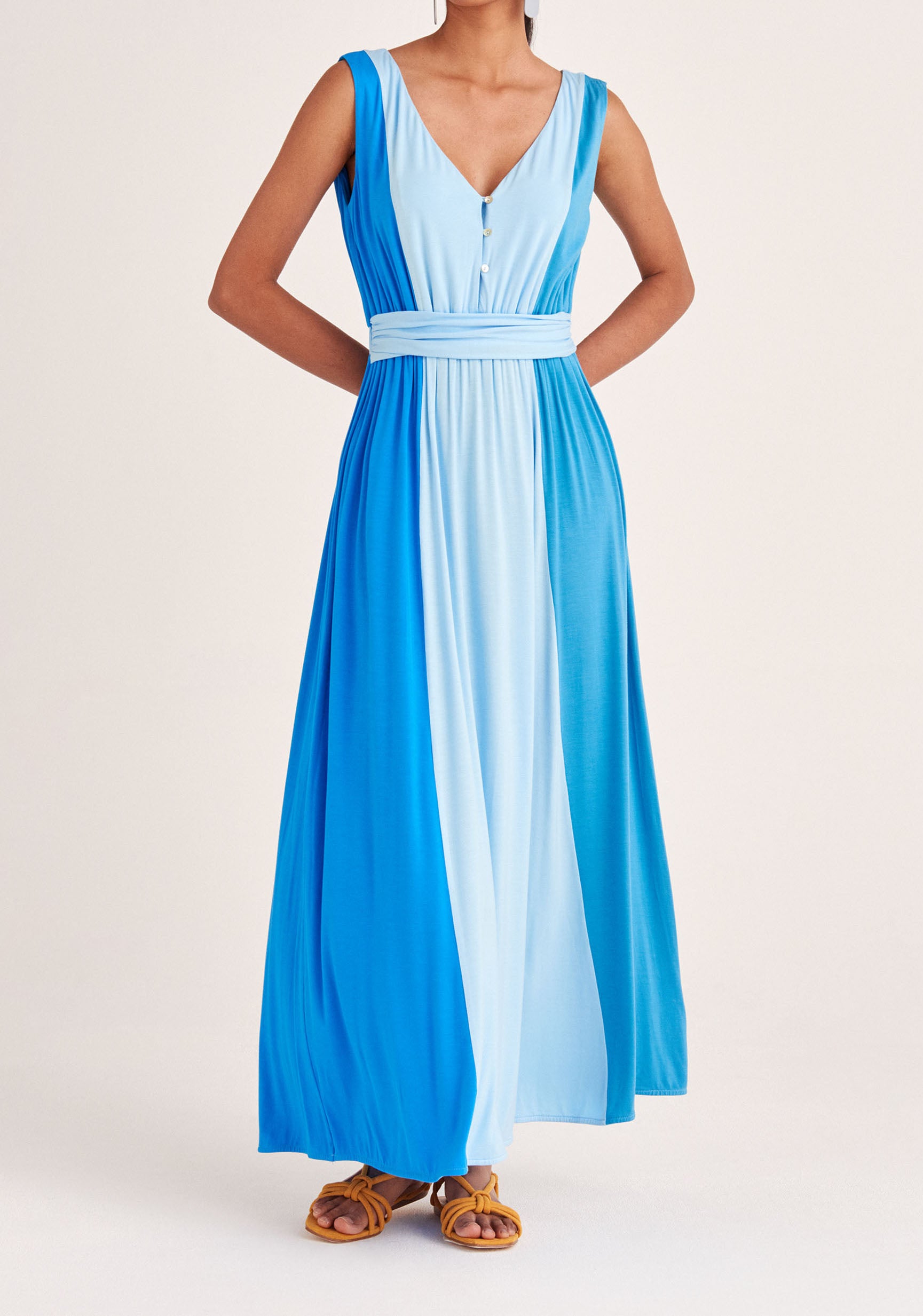 Paisie Tri-Colour V-Neck Maxi Dress in Blue