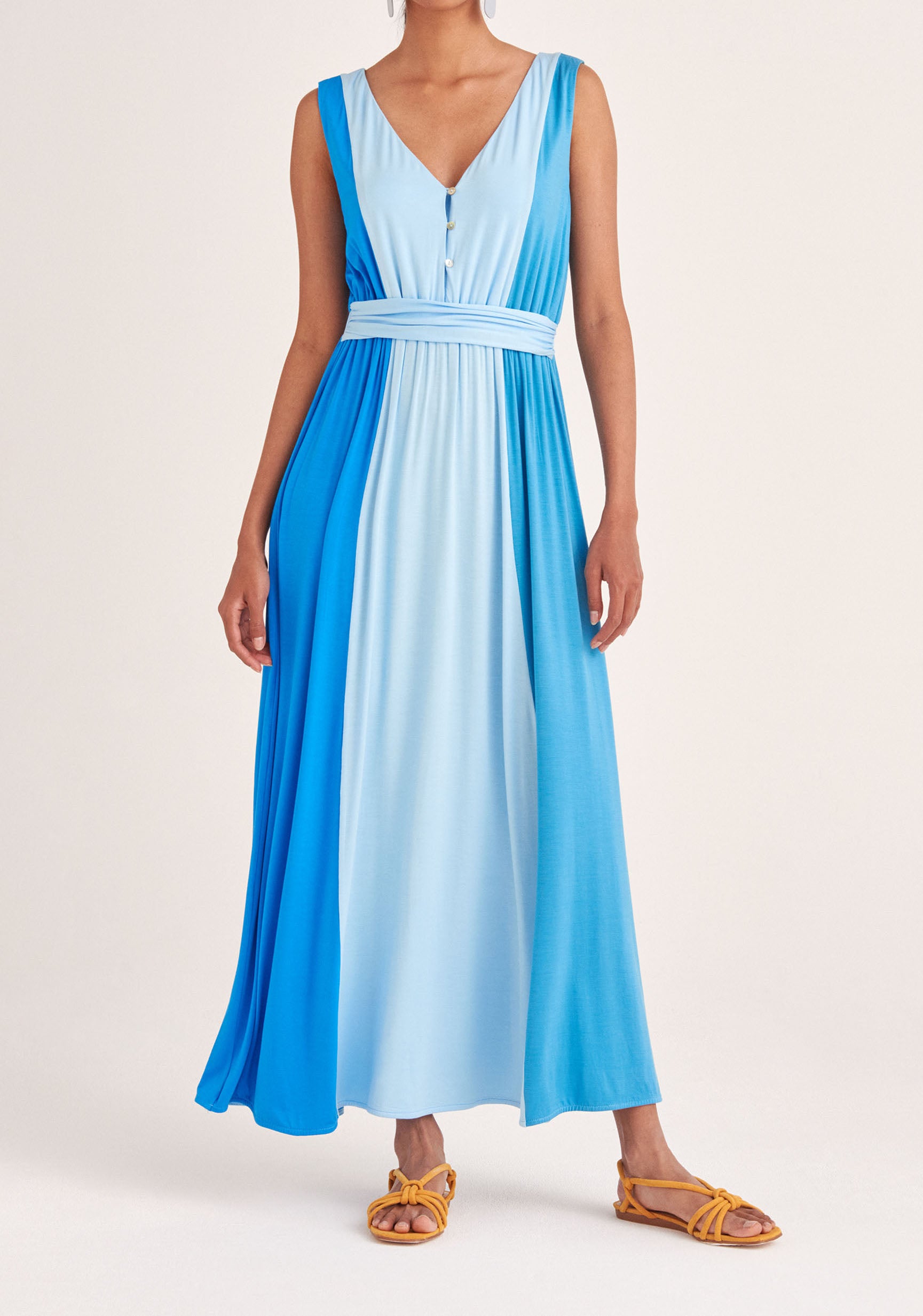 Paisie Tri-Colour V-Neck Maxi Dress in Blue