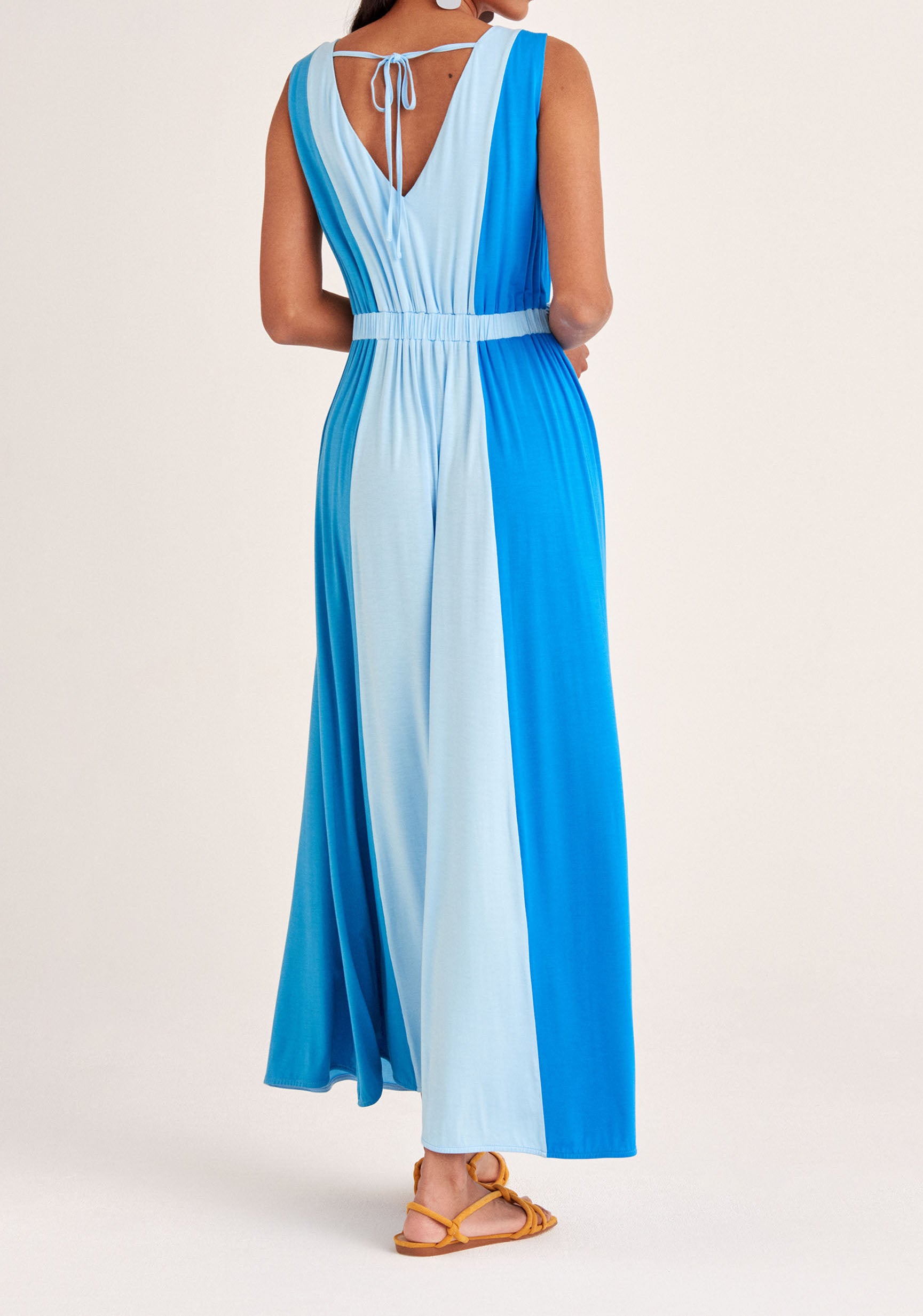 Paisie Tri-Colour V-Neck Maxi Dress in Blue Back