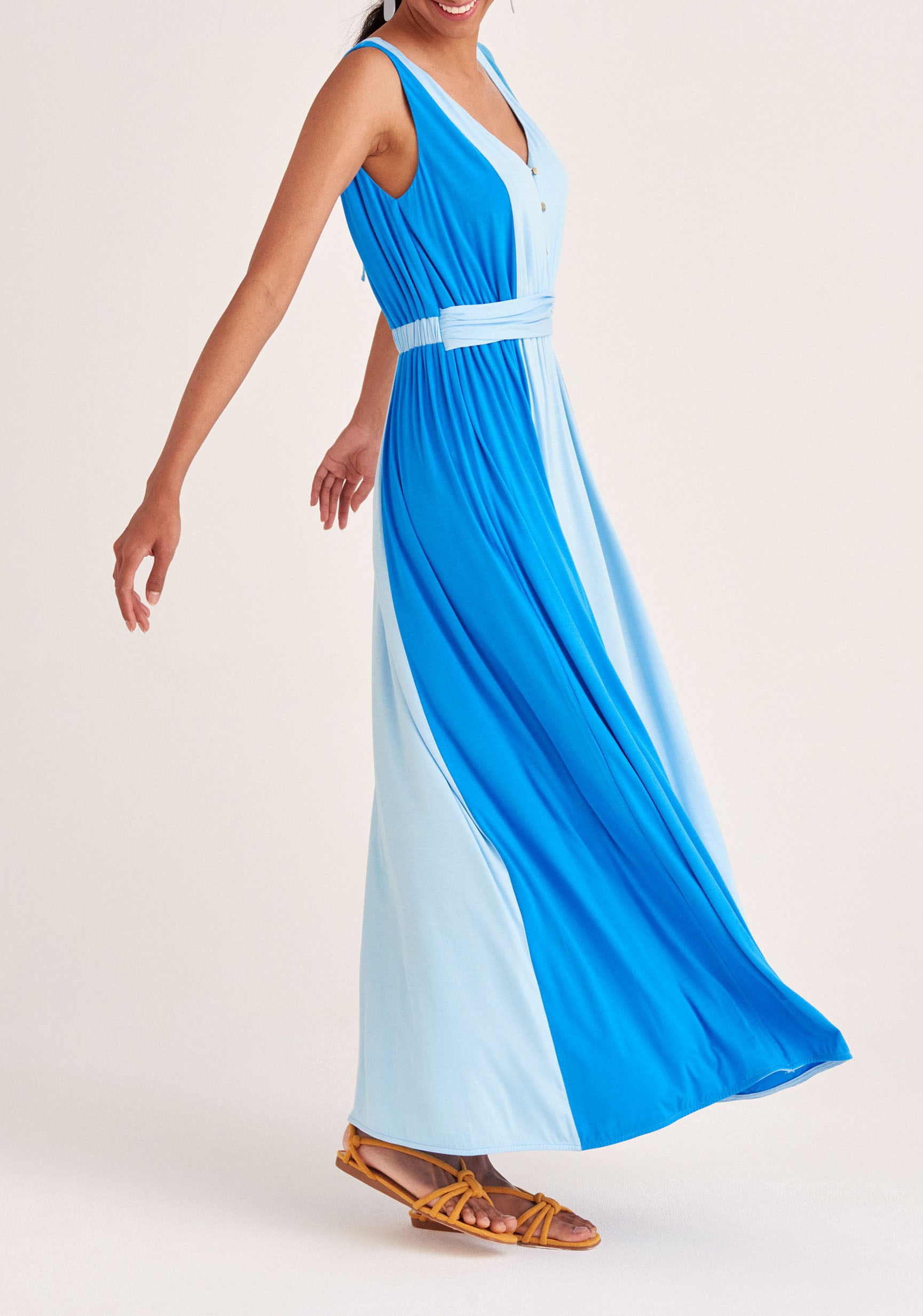 Paisie Tri-Colour V-Neck Maxi Dress in Blue Side