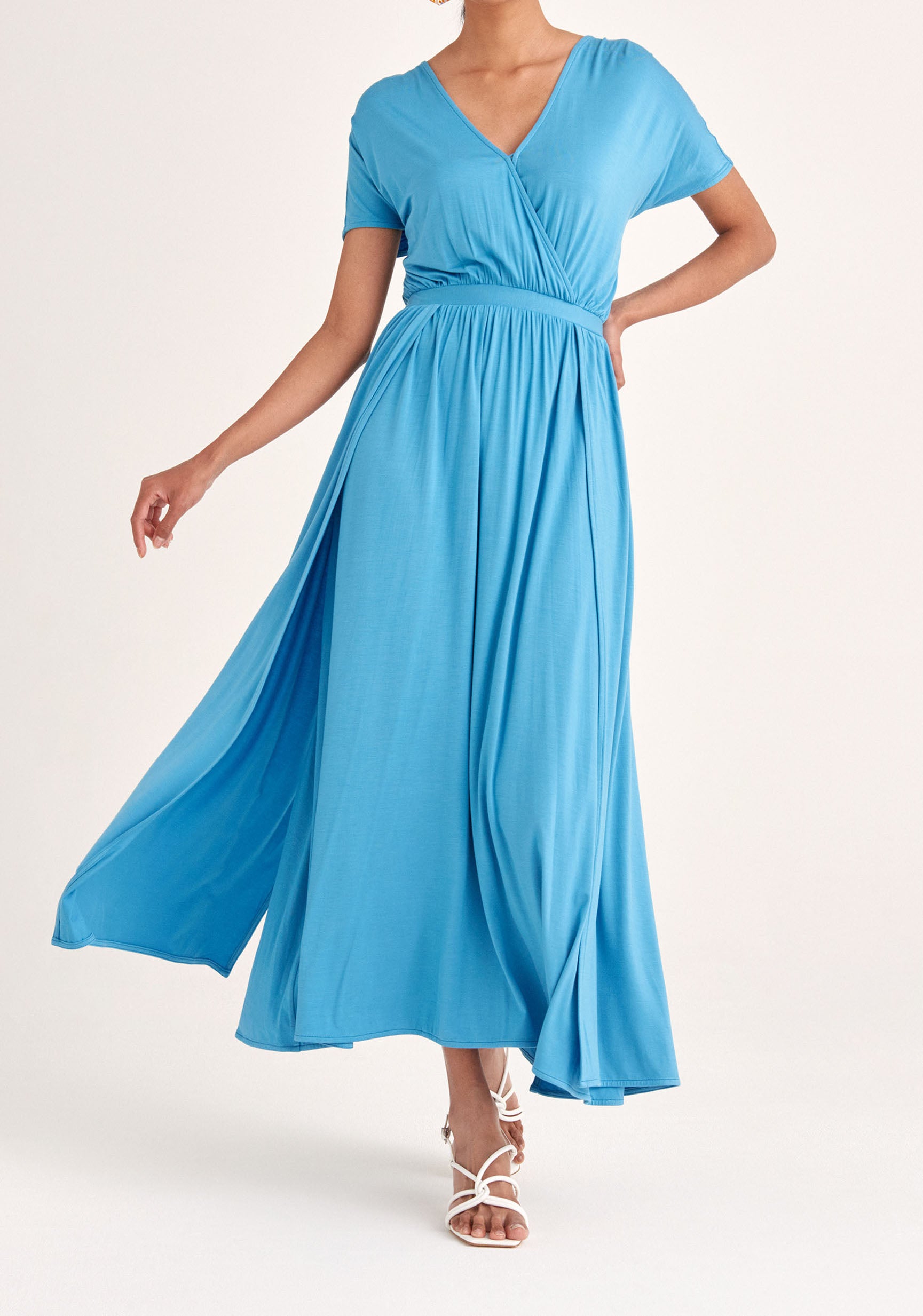 Paisie Maxi Jersey Dress with Ruched Back in Blue