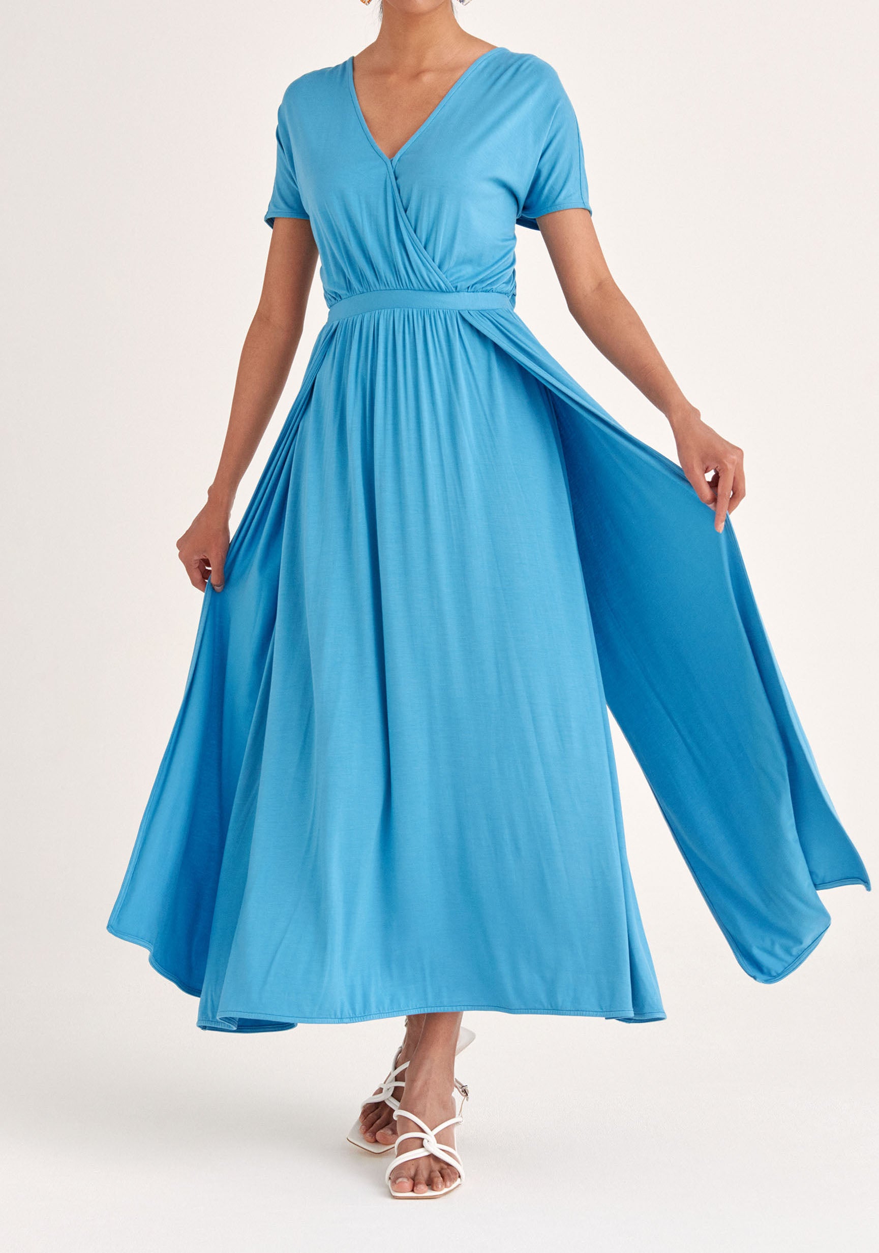 Paisie Maxi Jersey Dress with Ruched Back in Blue