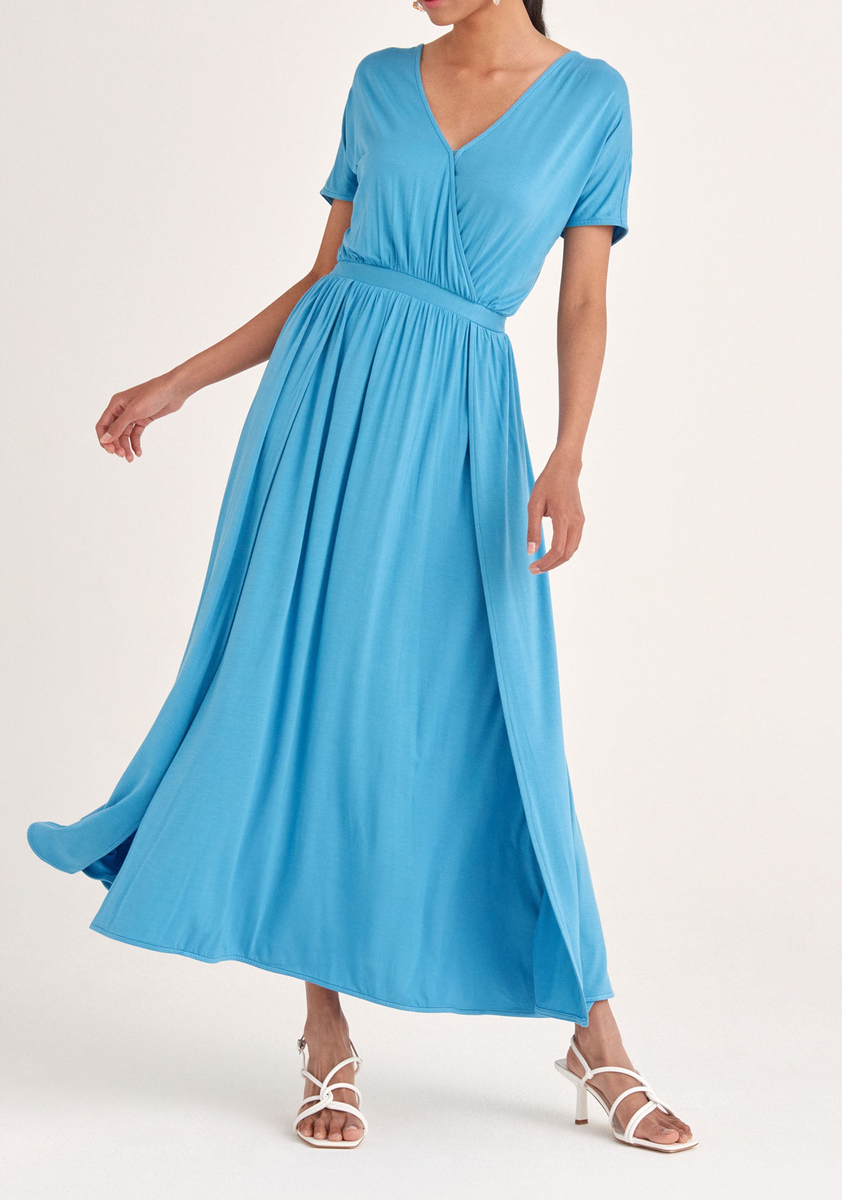 Paisie Maxi Jersey Dress with Ruched Back in Blue