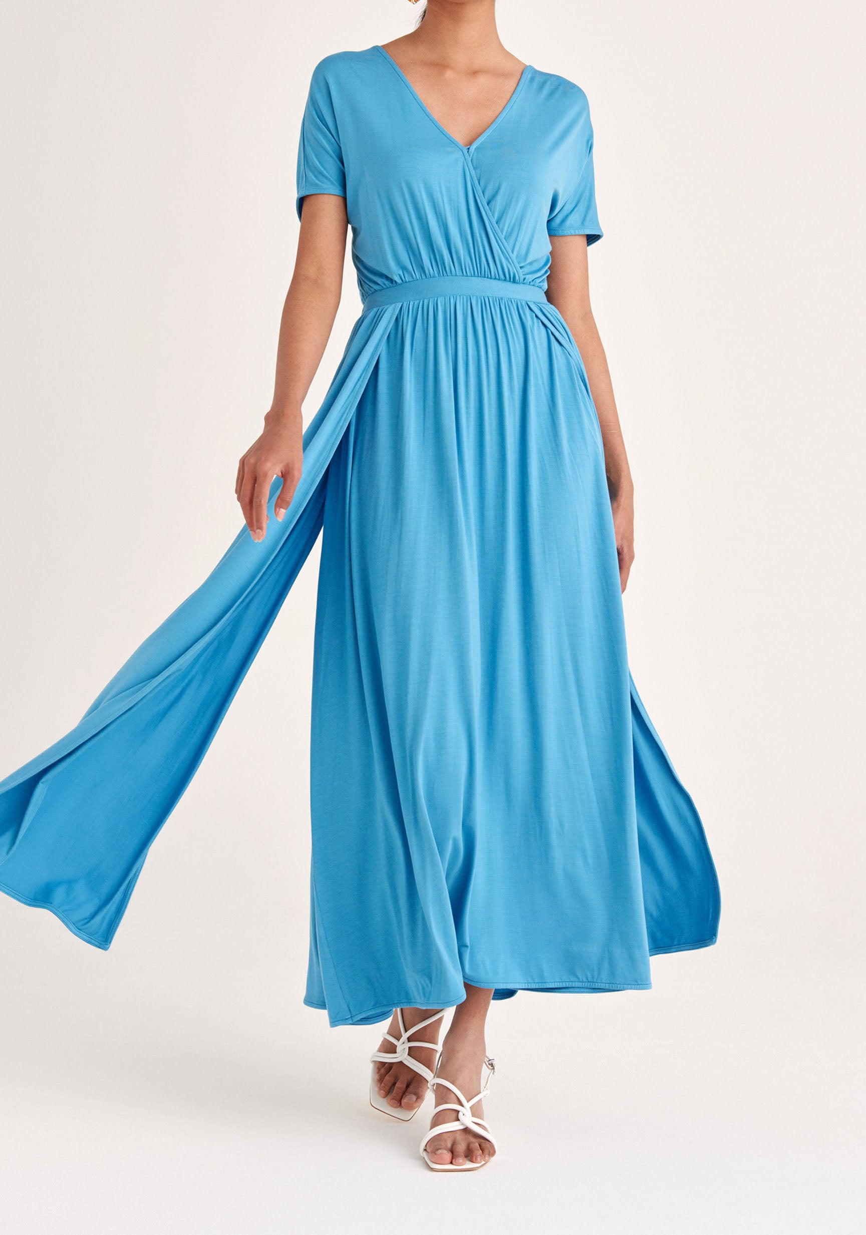 Paisie Maxi Jersey Dress with Ruched Back in Blue