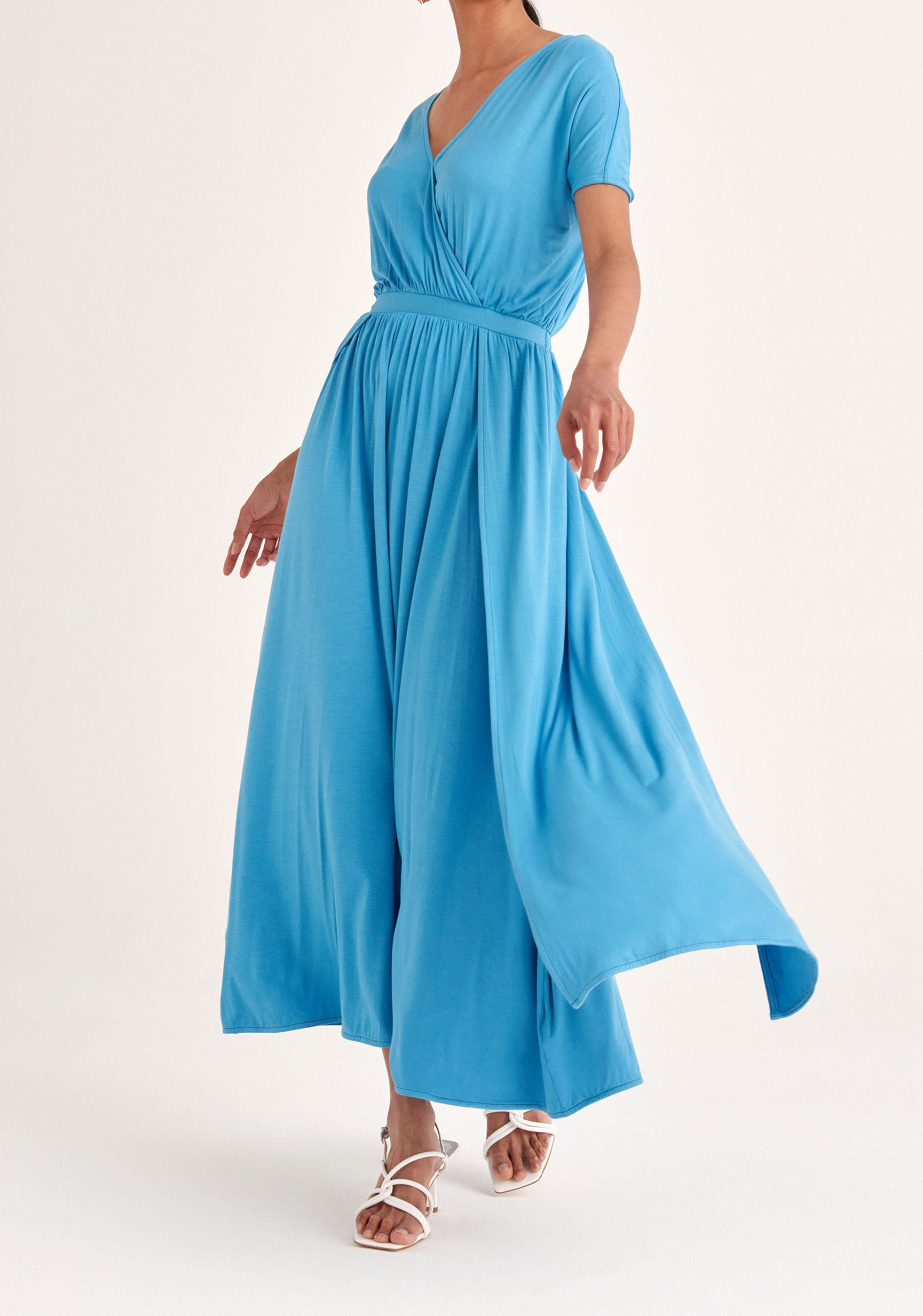 Paisie Maxi Jersey Dress with Ruched Back in Blue