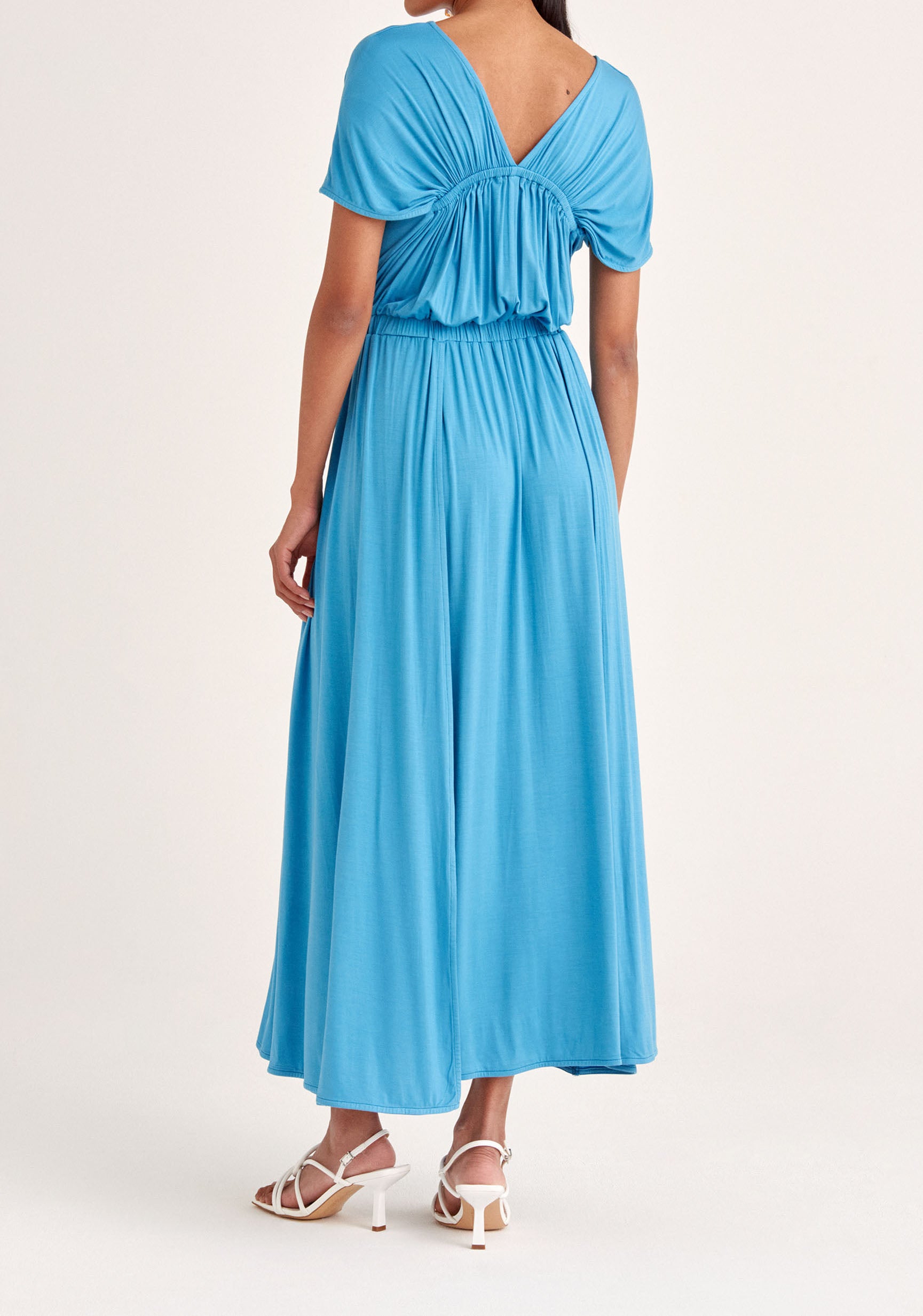 Paisie Maxi Jersey Dress with Ruched Back in Blue Back