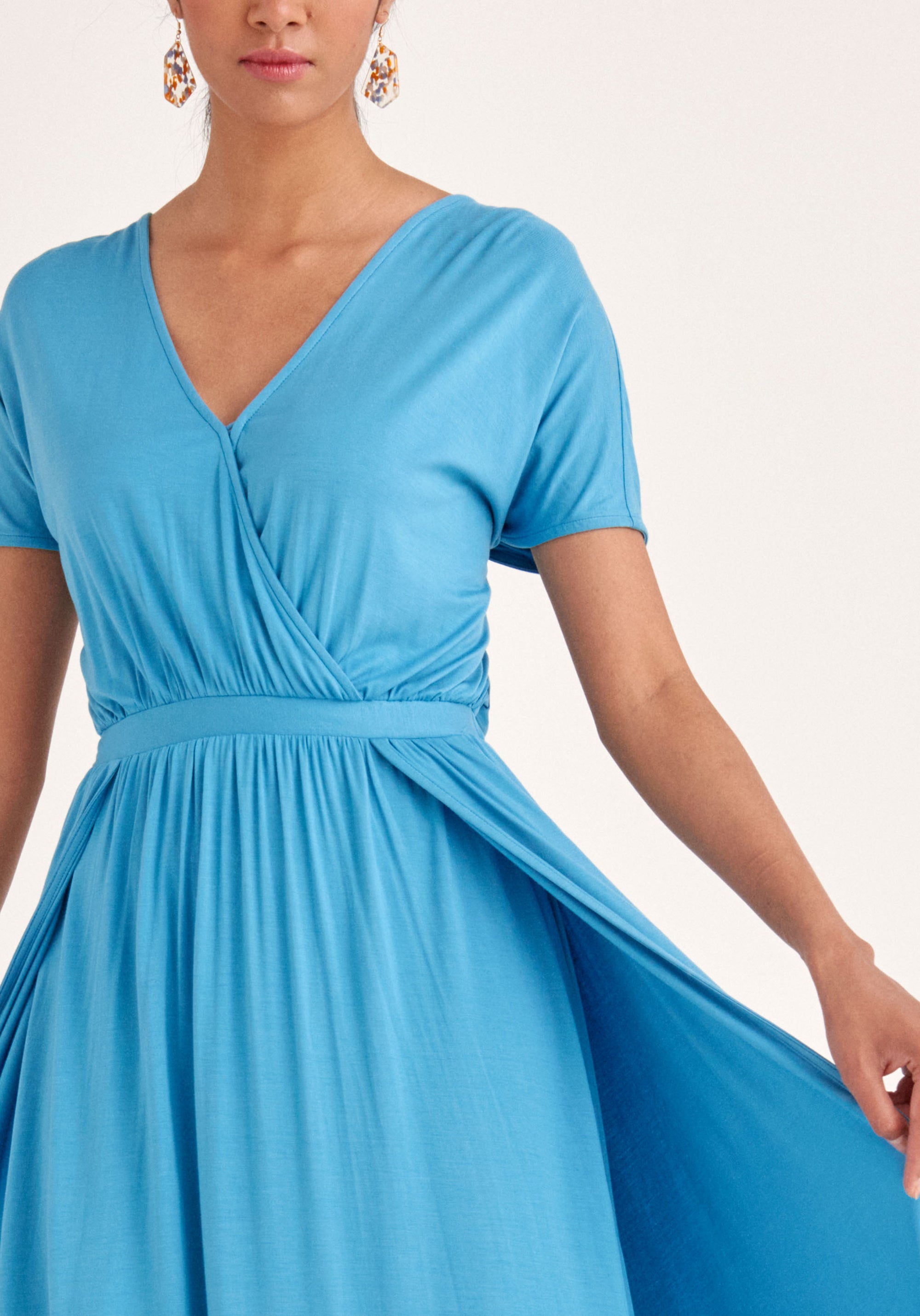 Paisie Maxi Jersey Dress with Ruched Back in Blue Close Up