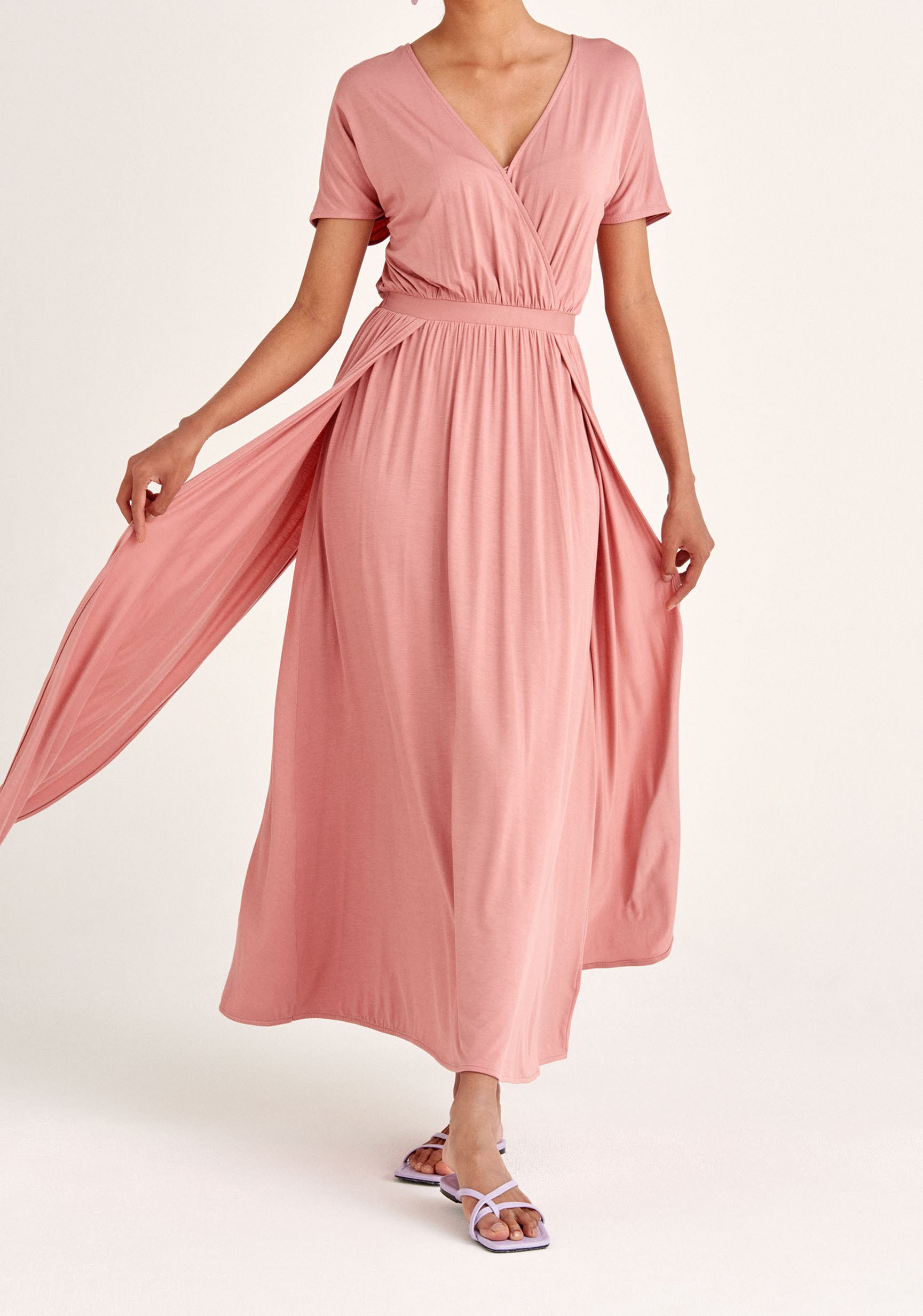 Paisie Maxi Jersey Dress with Ruched Back in Pink 