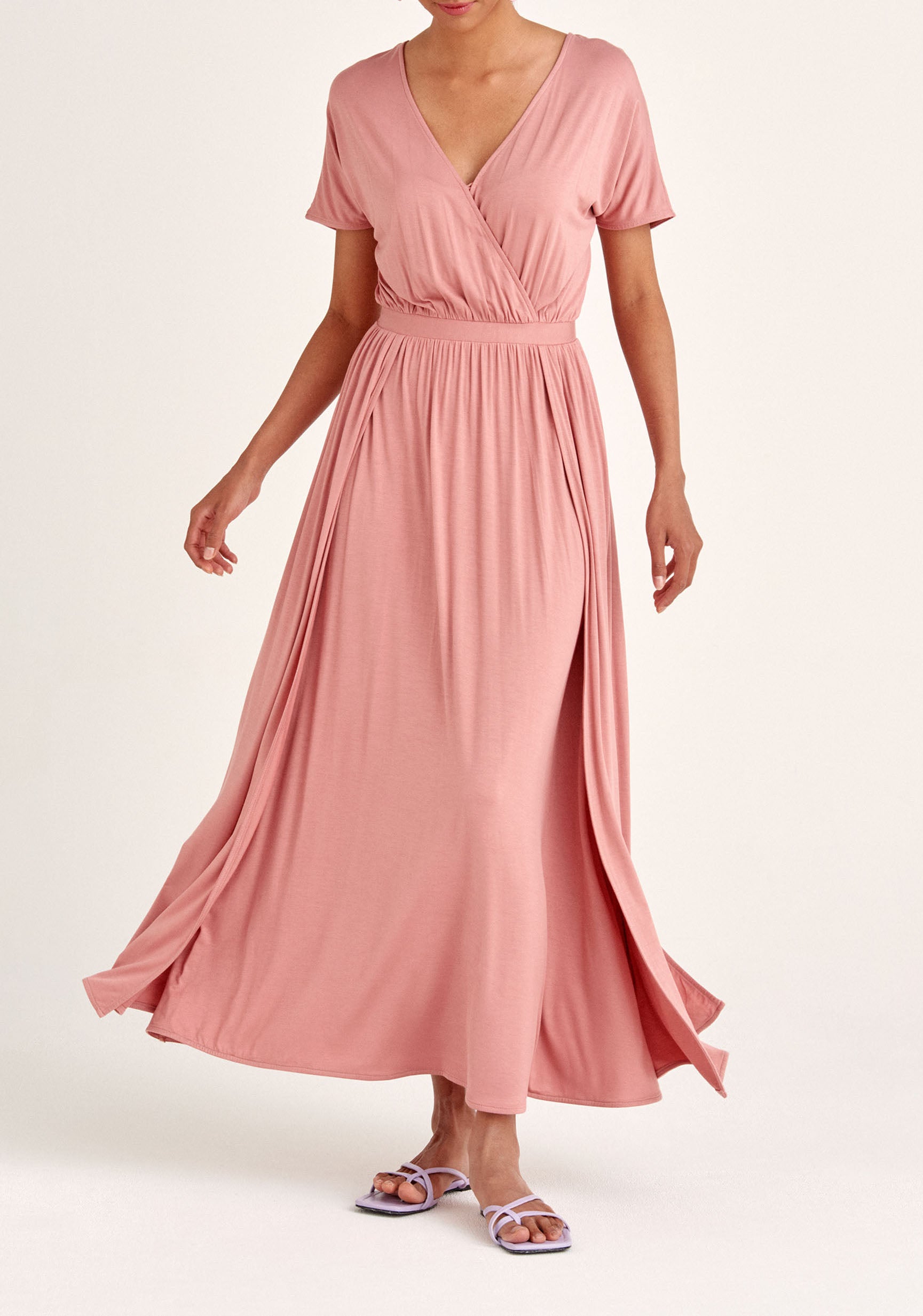 Paisie Maxi Jersey Dress with Ruched Back in Pink 