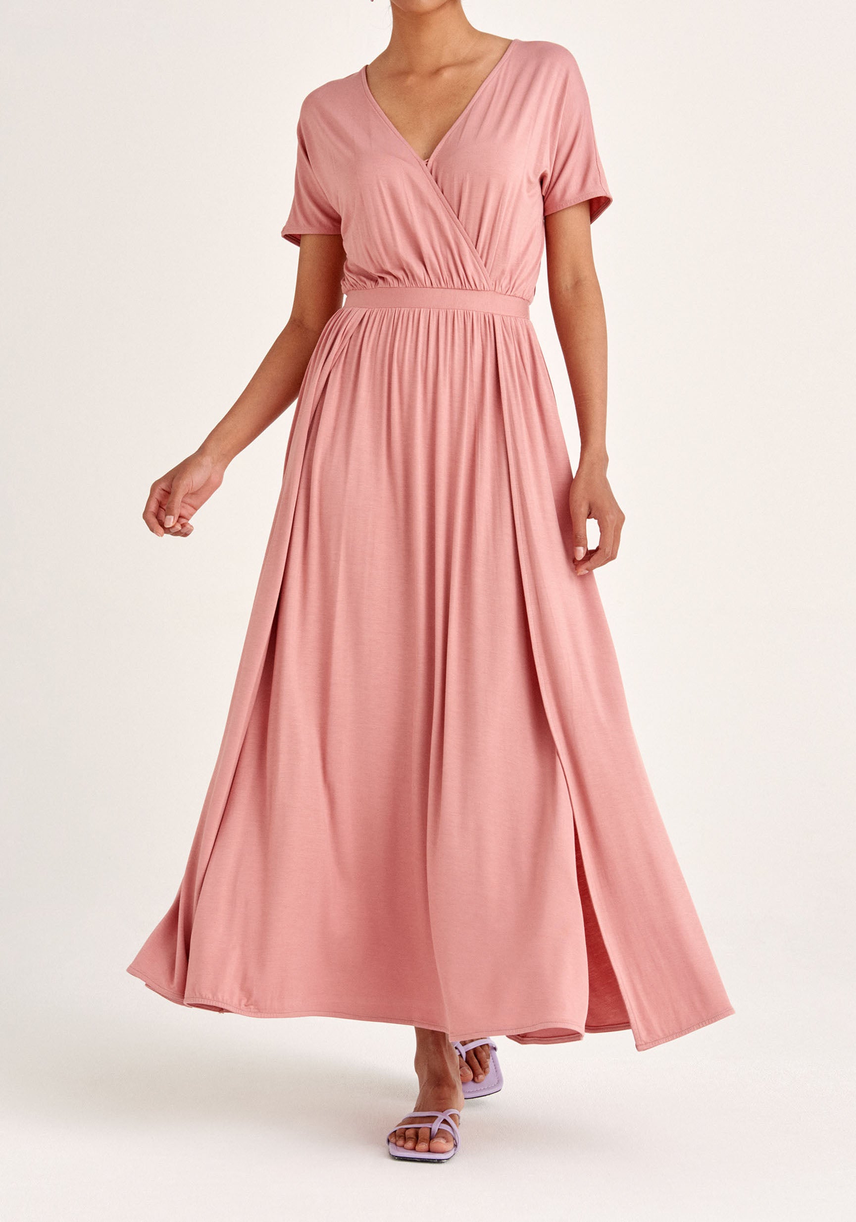 Paisie Maxi Jersey Dress with Ruched Back in Pink 