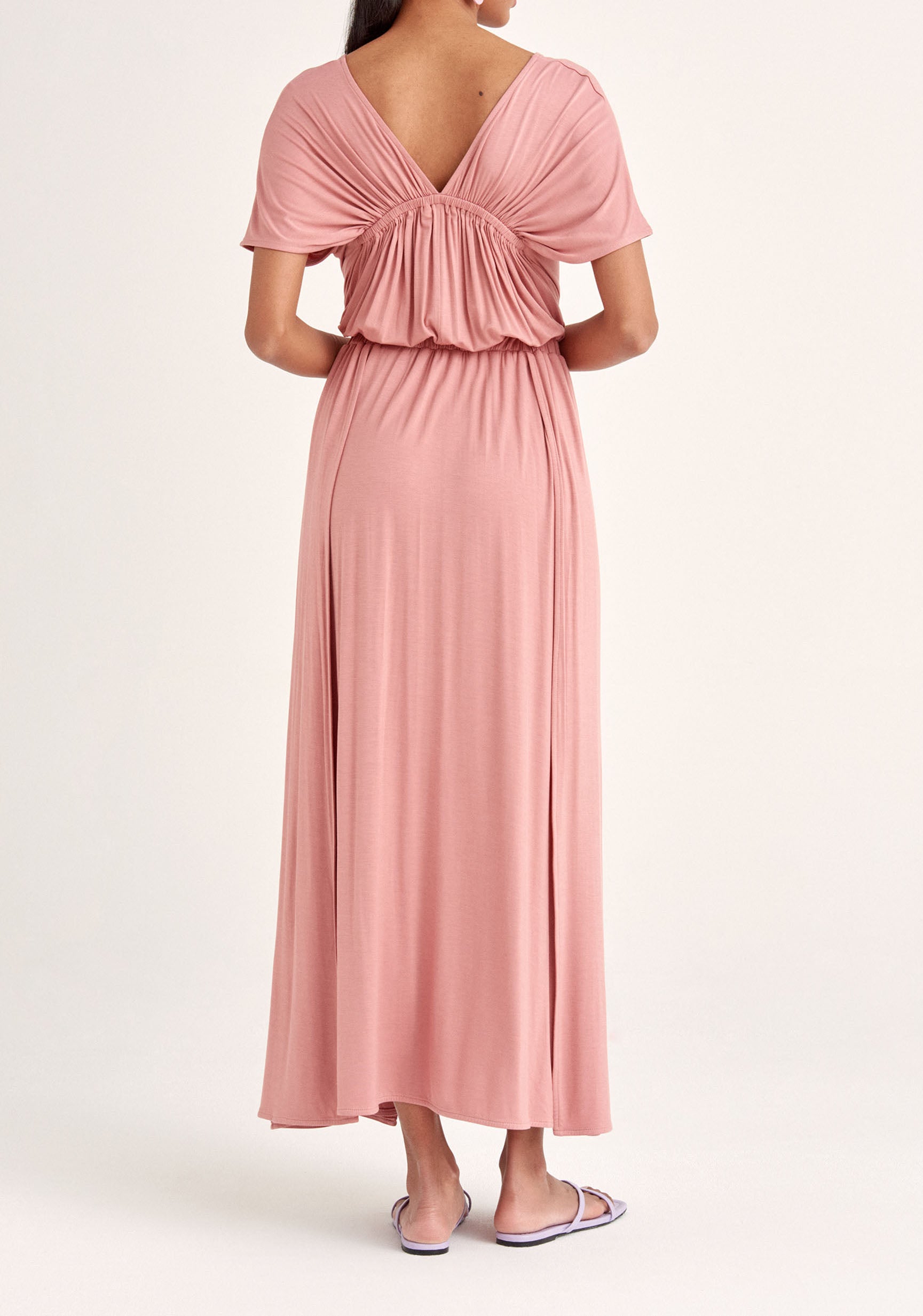 Paisie Maxi Jersey Dress with Ruched Back in Pink Back