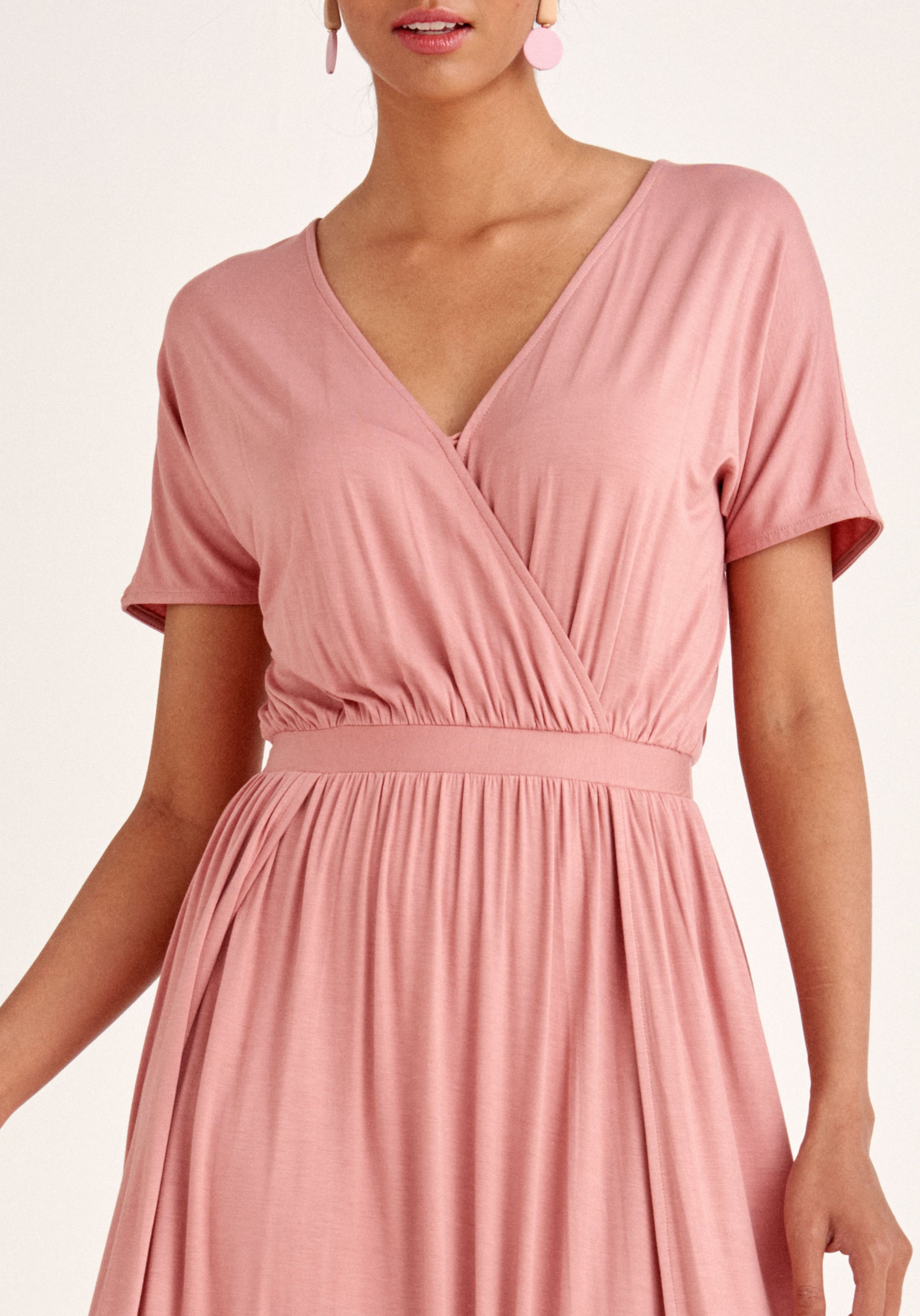 Paisie Maxi Jersey Dress with Ruched Back in Pink Close Up