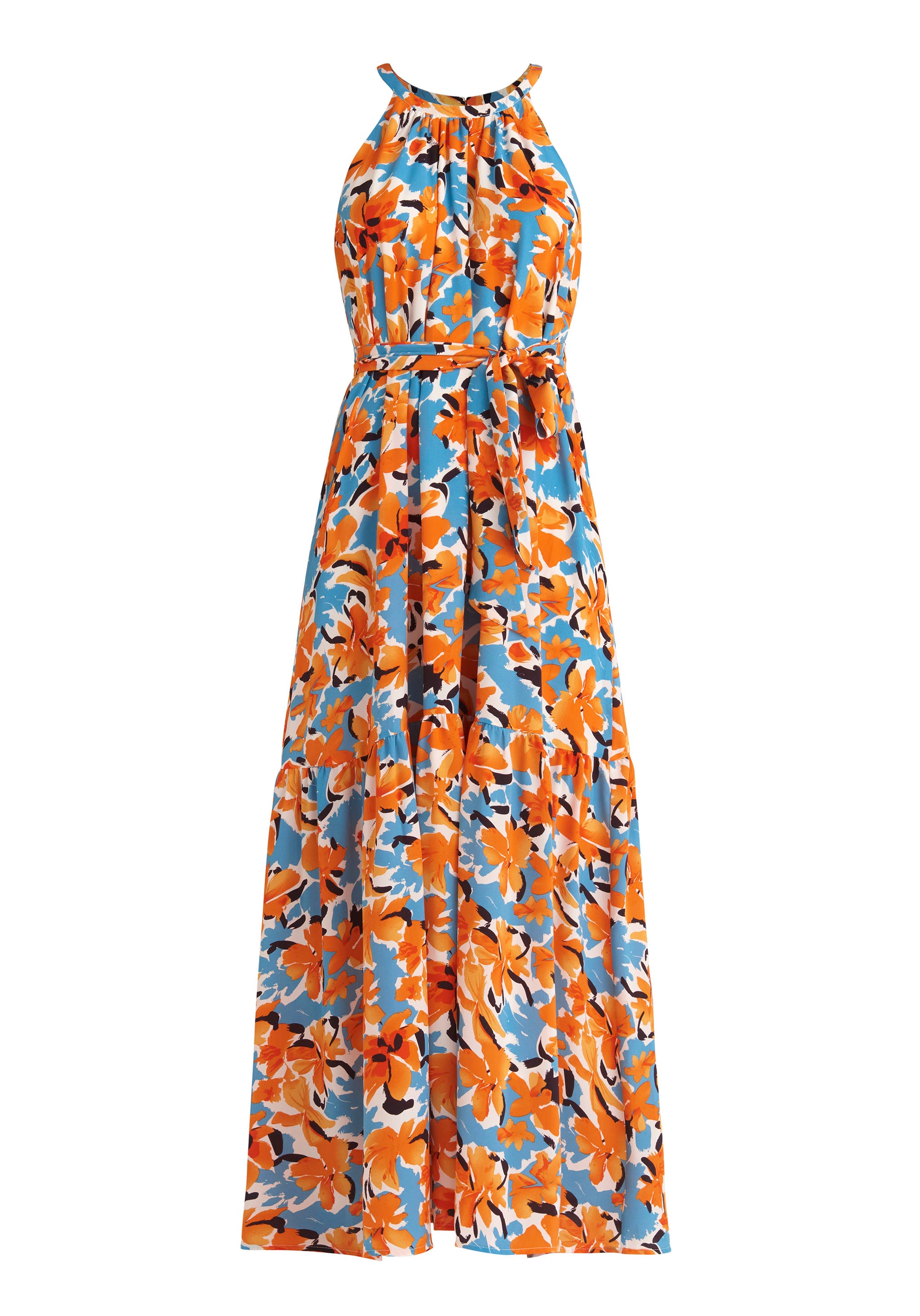 Paisie Floral Belted Halterneck Maxi Dress in Orange Cut Out