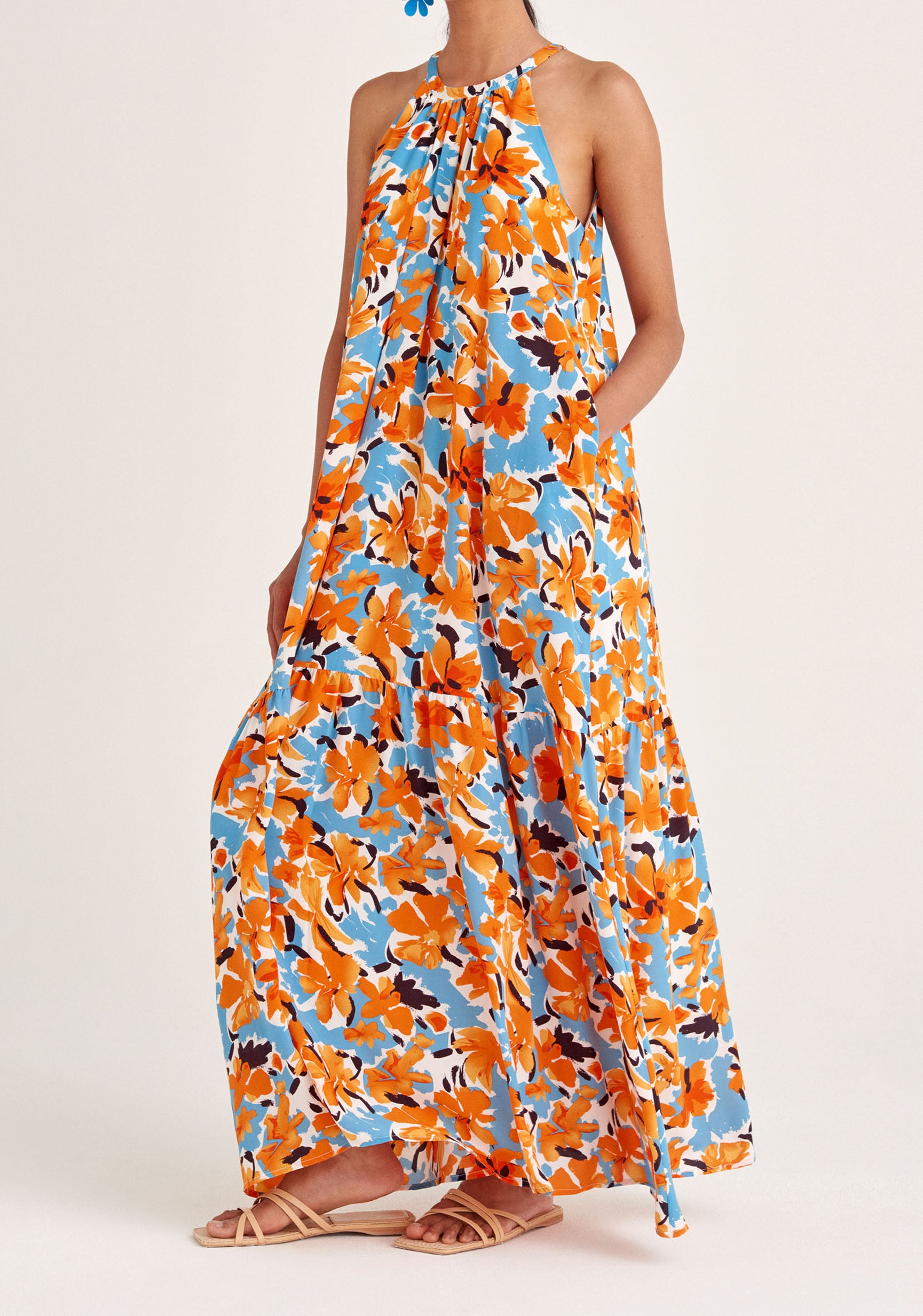 Paisie Floral Belted Halterneck Maxi Dress in Orange