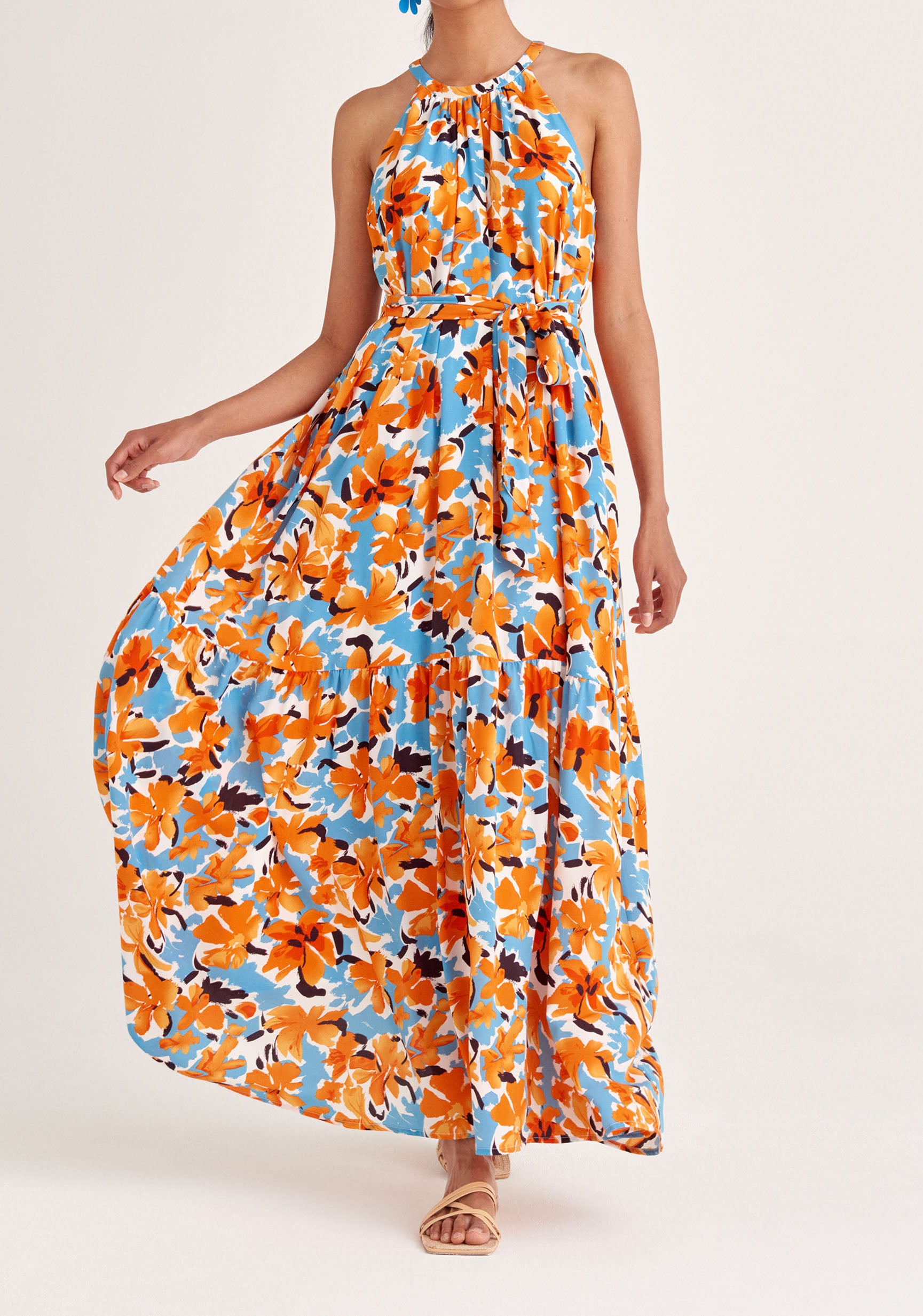 Paisie Floral Belted Halterneck Maxi Dress in Orange