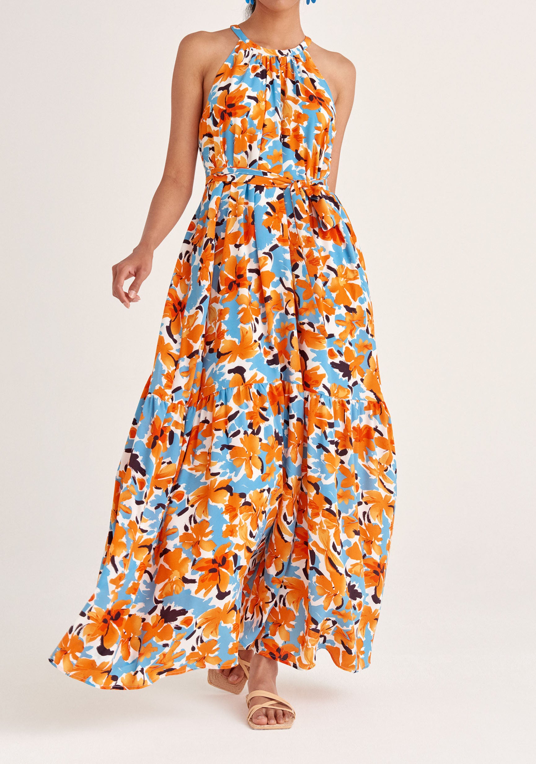 Paisie Floral Belted Halterneck Maxi Dress in Orange