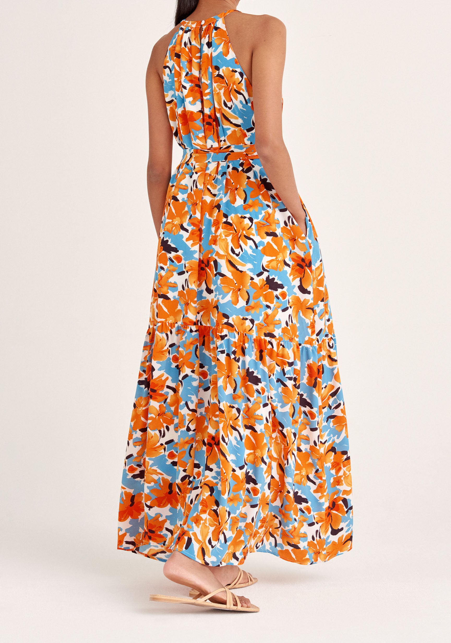 Paisie Floral Belted Halterneck Maxi Dress in Orange Back