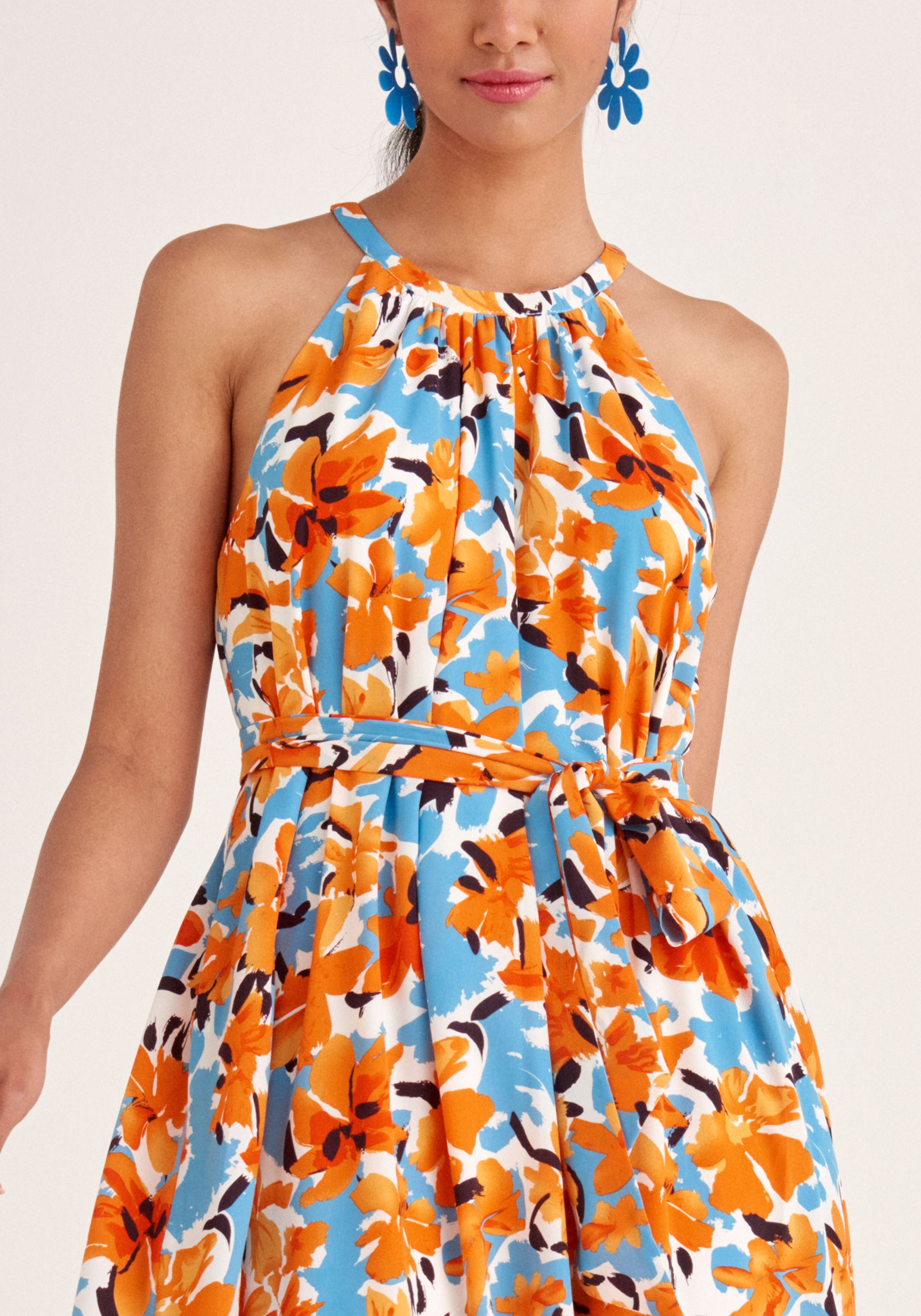 Paisie Floral Belted Halterneck Maxi Dress in Orange Close Up