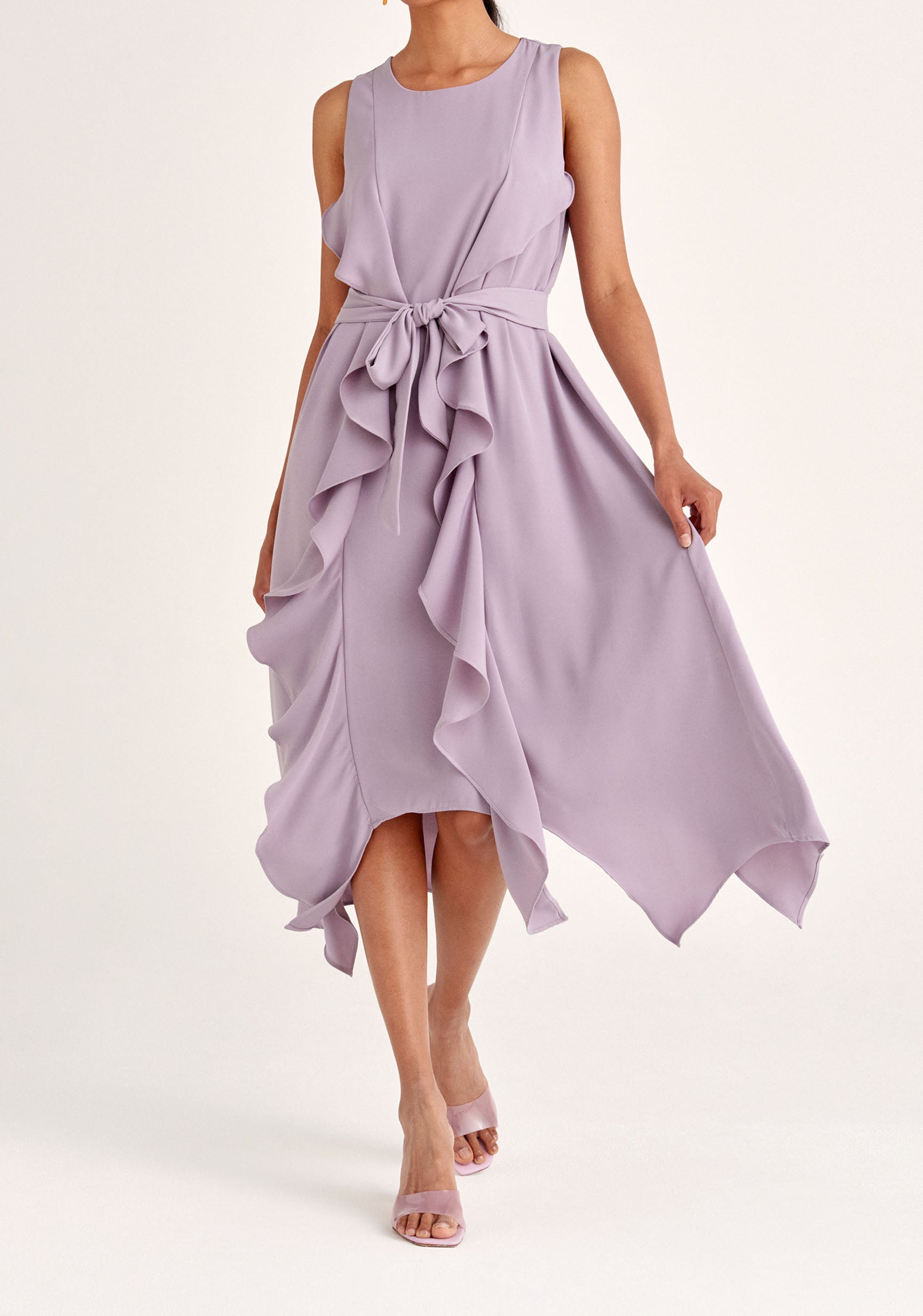 Paisie Sleeveless Frilled Belted Dress in Lilac