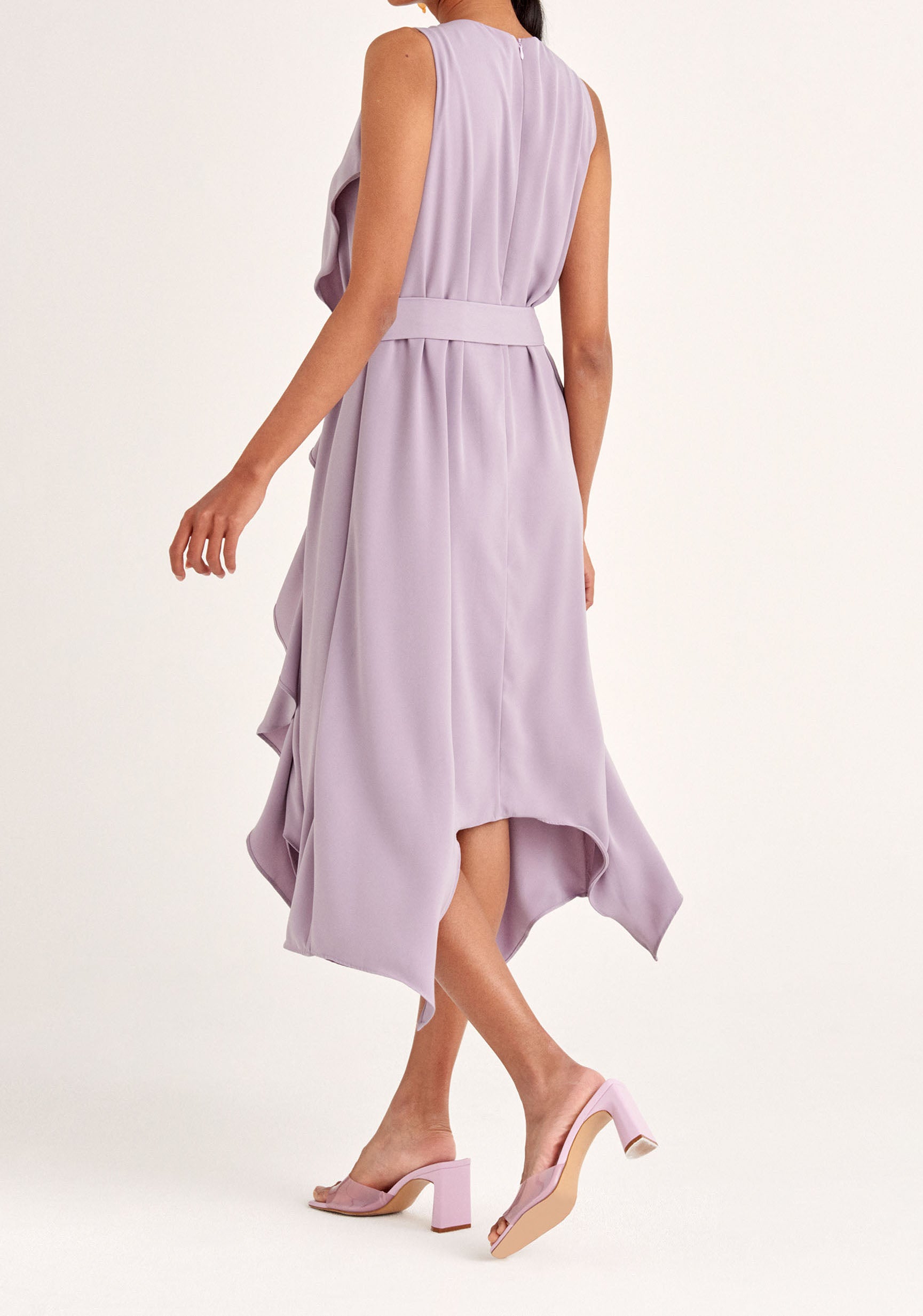 Paisie Sleeveless Frilled Belted Dress in Lilac Back