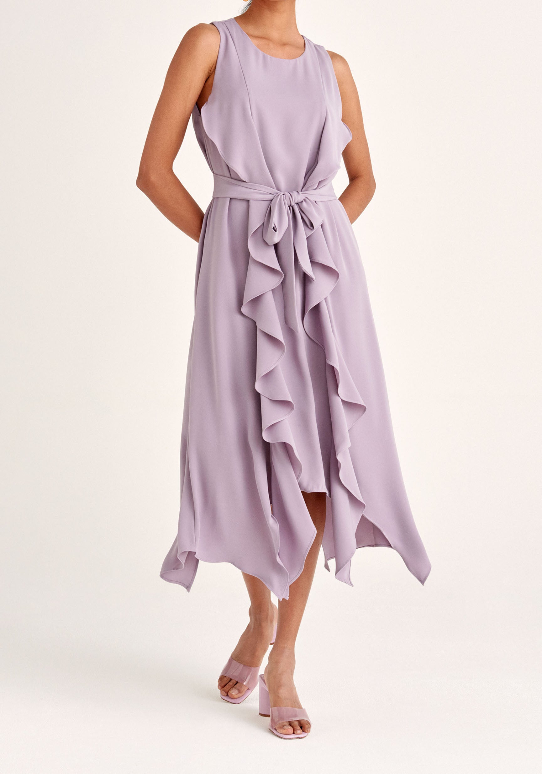 Paisie Sleeveless Frilled Belted Dress in Lilac