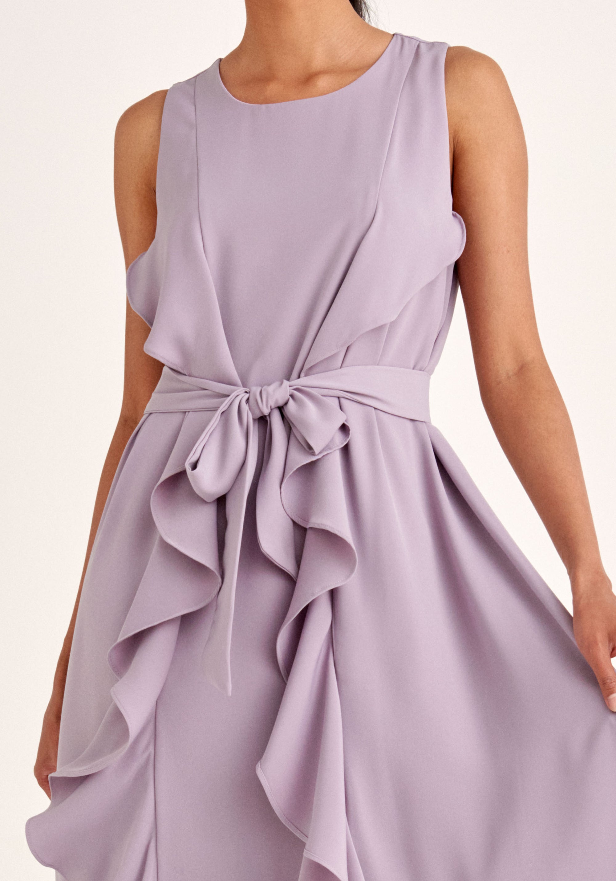 Paisie Sleeveless Frilled Belted Dress in Lilac Close Up