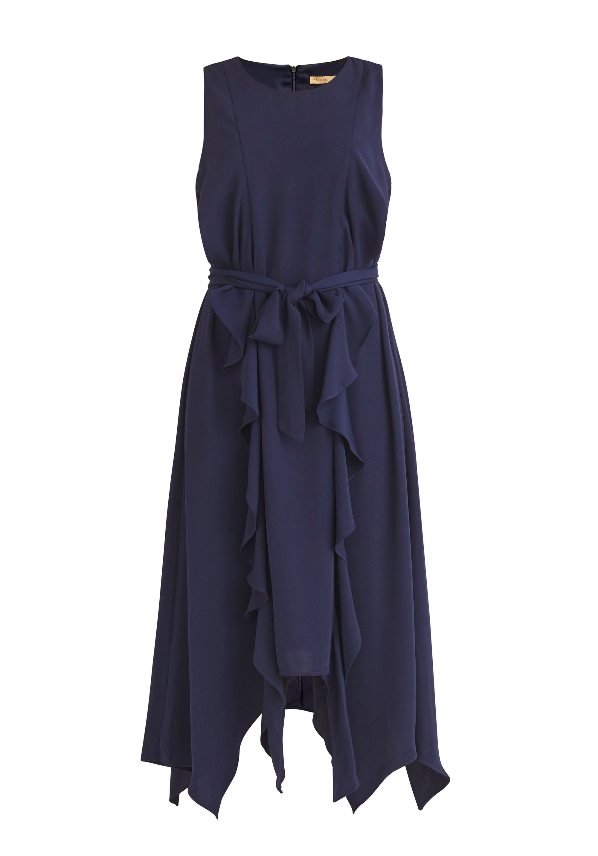 Paisie Sleeveless Frilled Belted Dress in Navy Cut Out