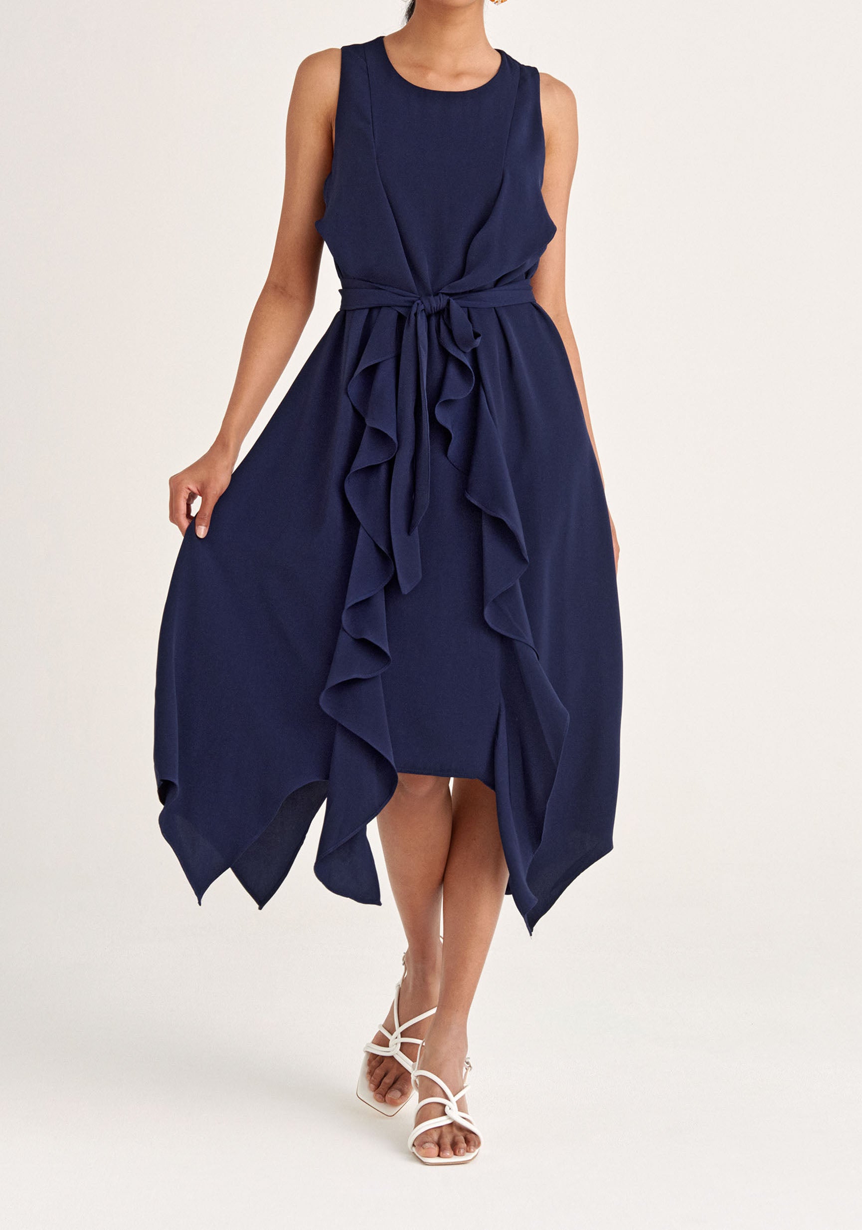 Paisie Sleeveless Frilled Belted Dress in Navy 