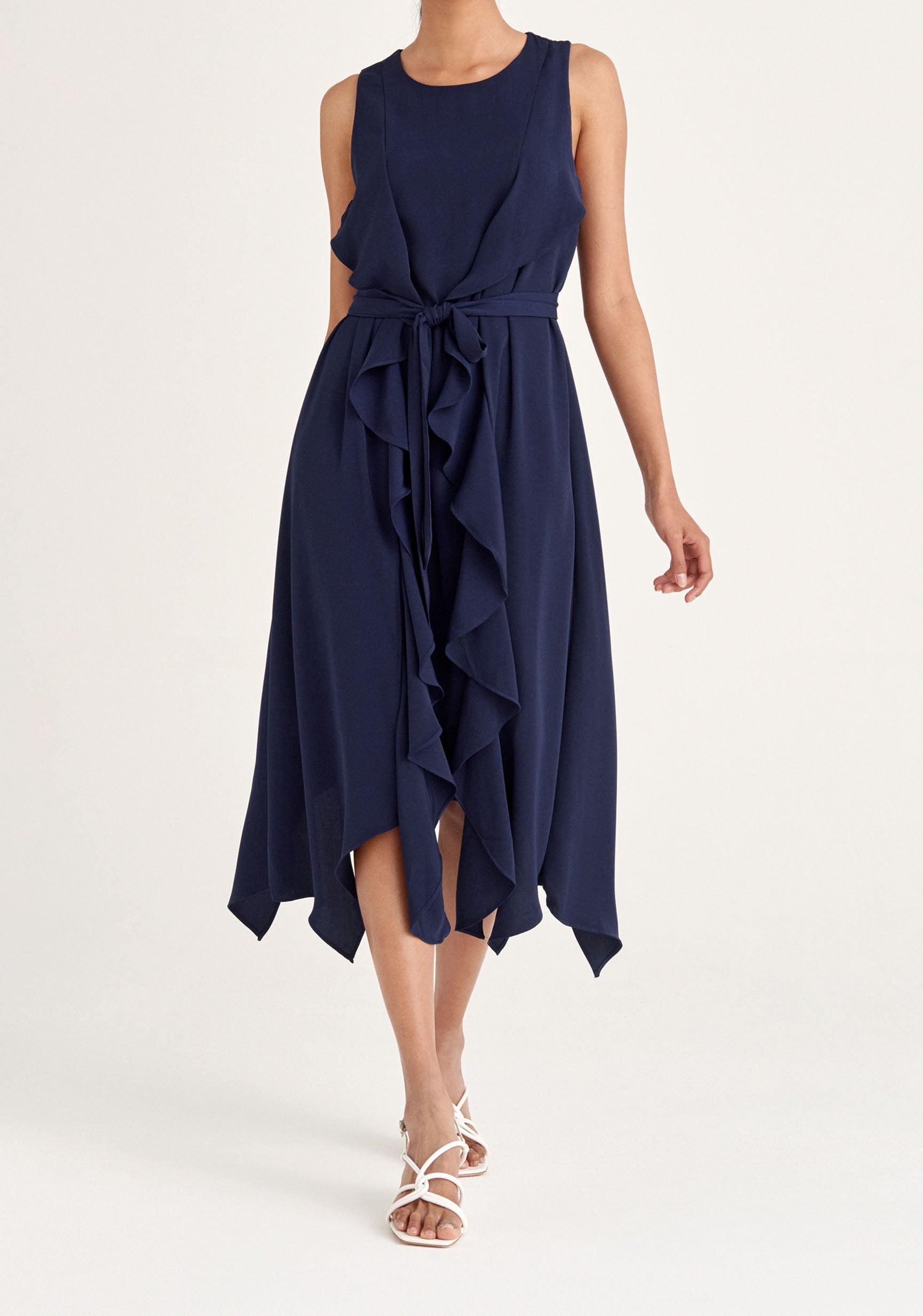 Paisie Sleeveless Frilled Belted Dress in Navy 