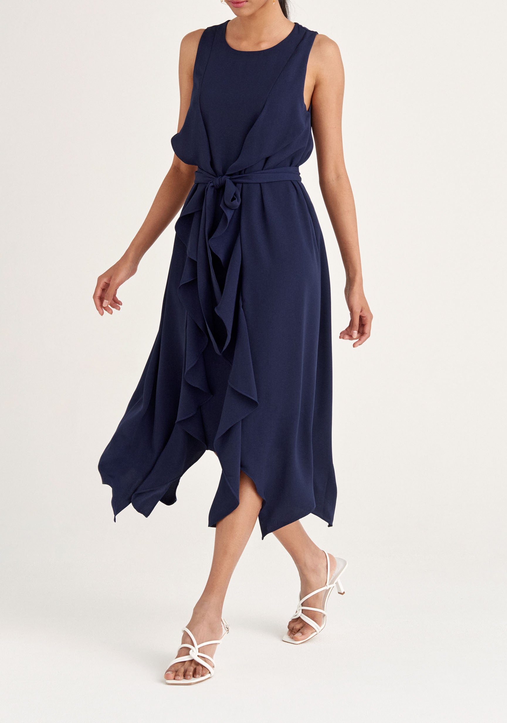 Paisie Sleeveless Frilled Belted Dress in Navy 