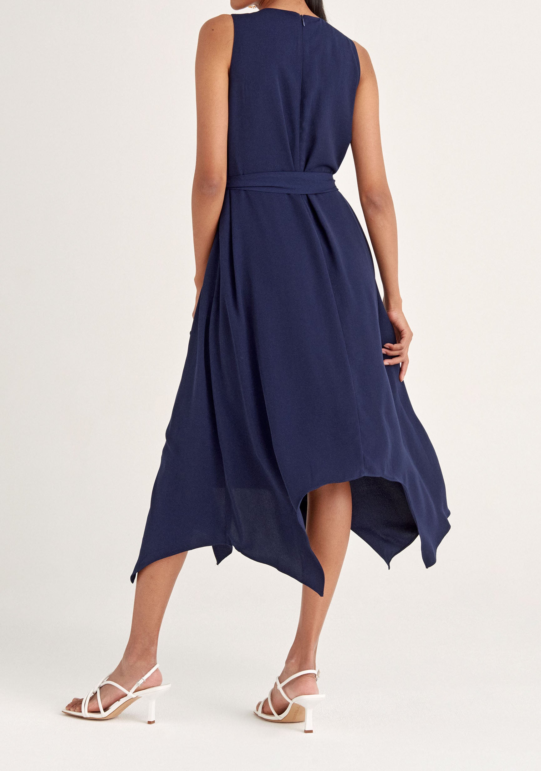 Paisie Sleeveless Frilled Belted Dress in Navy  Back