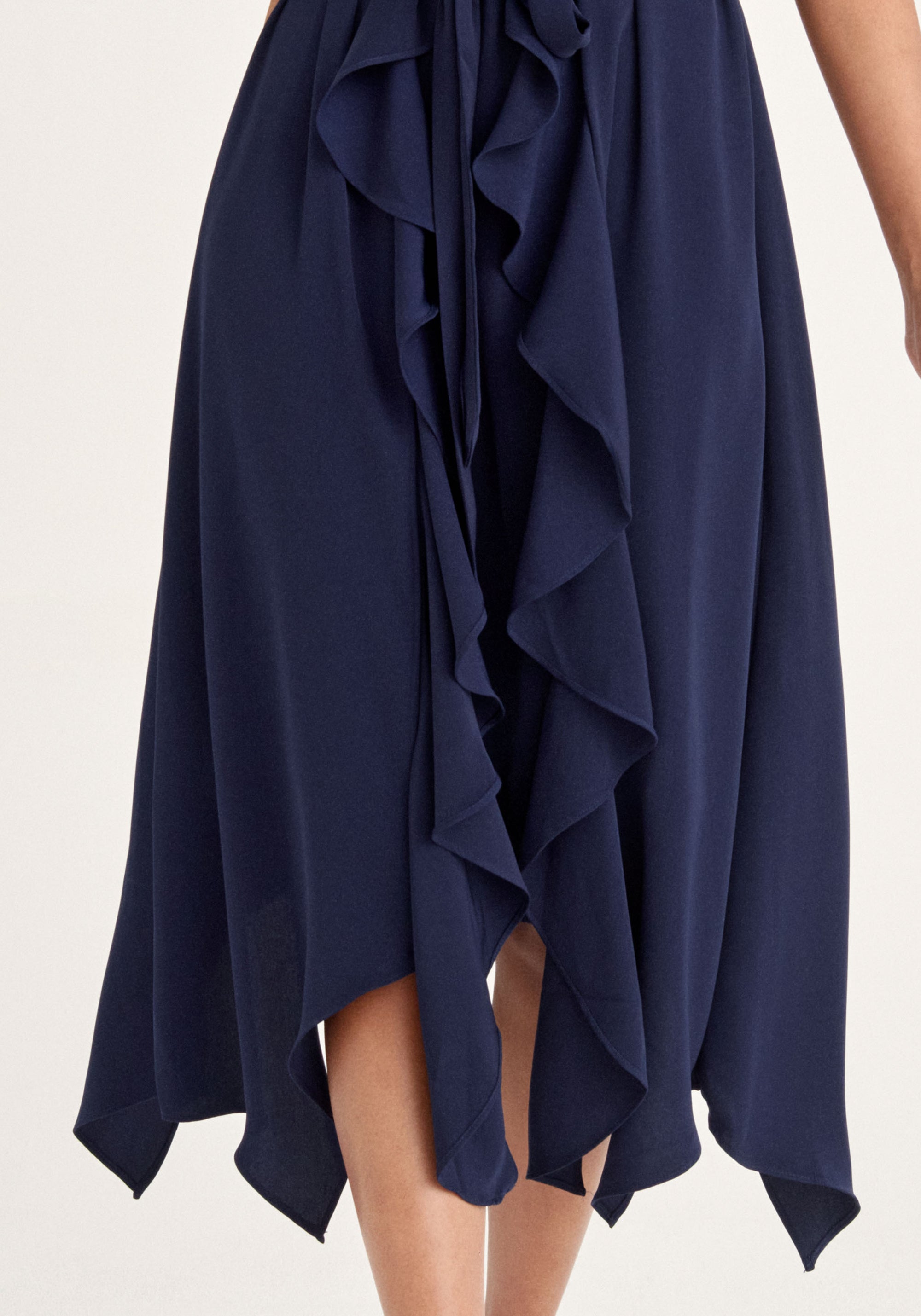 Paisie Sleeveless Frilled Belted Dress in Navy Close Up