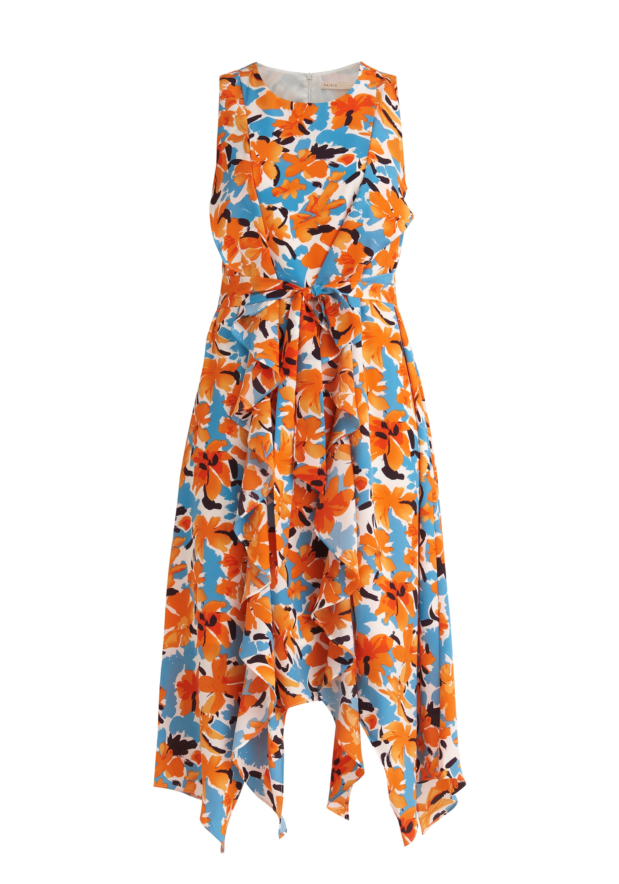 Paisie Sleeveless Floral Frilled Belted Dress in Orange Cut Out