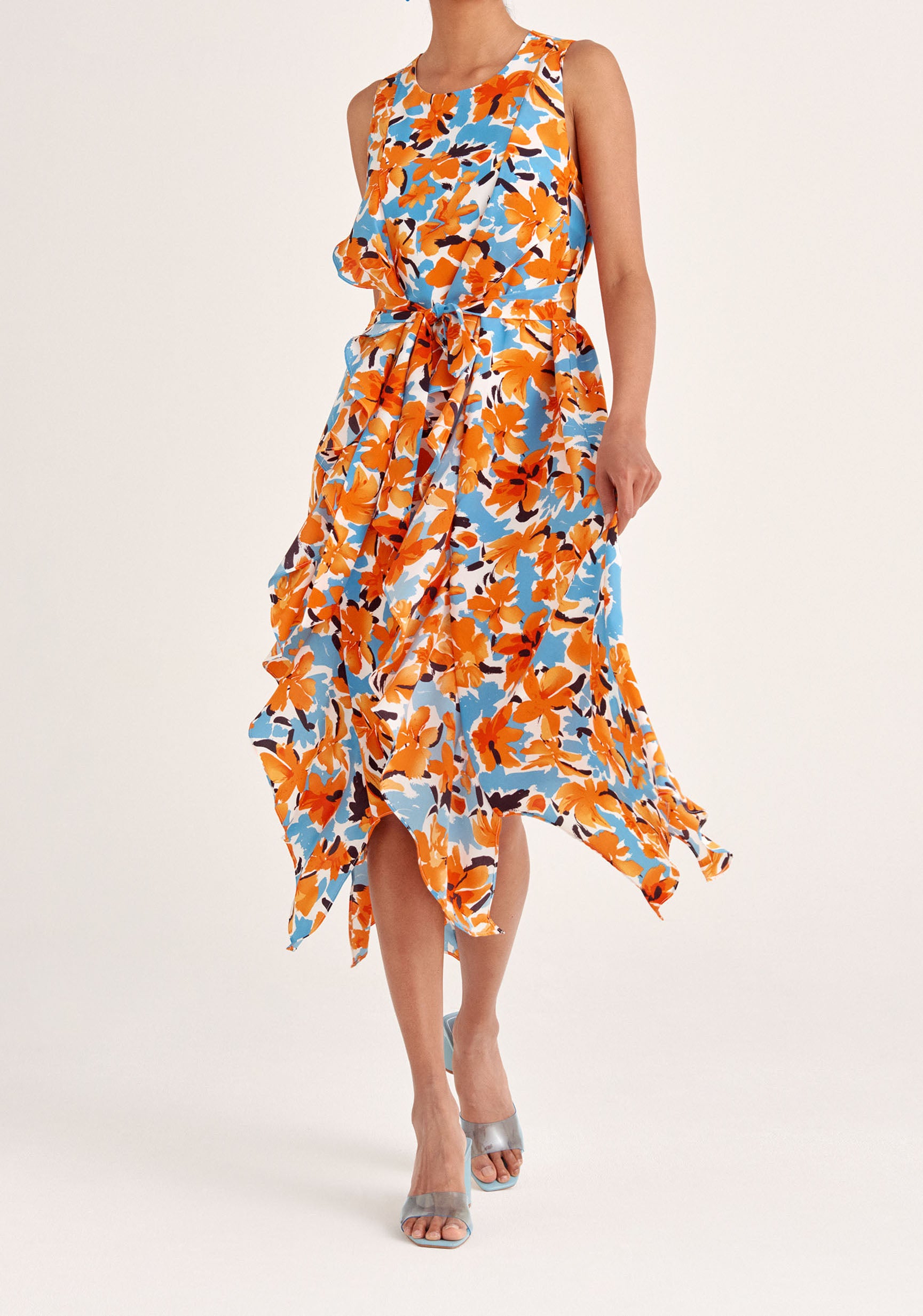 Paisie Sleeveless Floral Frilled Belted Dress in Orange