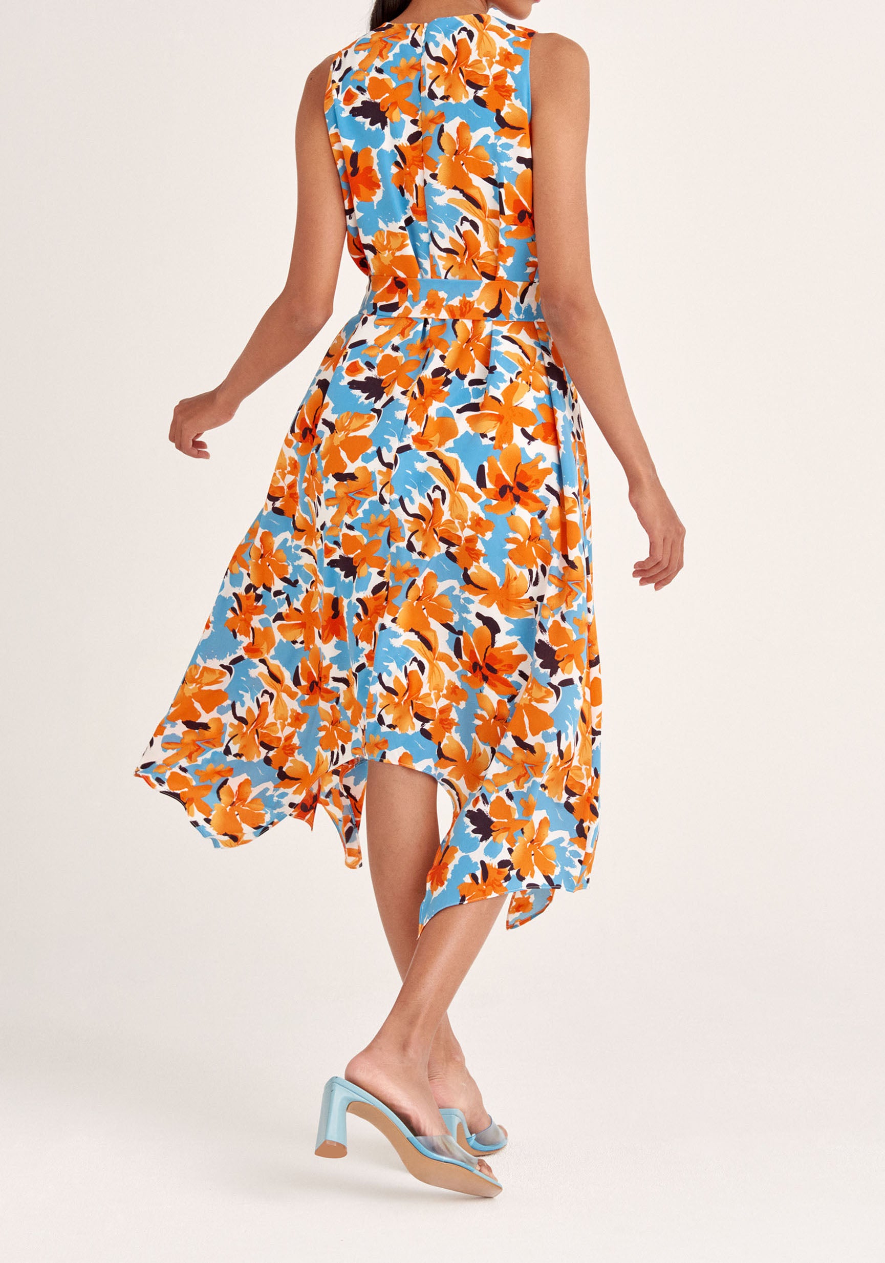 Paisie Sleeveless Floral Frilled Belted Dress in Orange Back