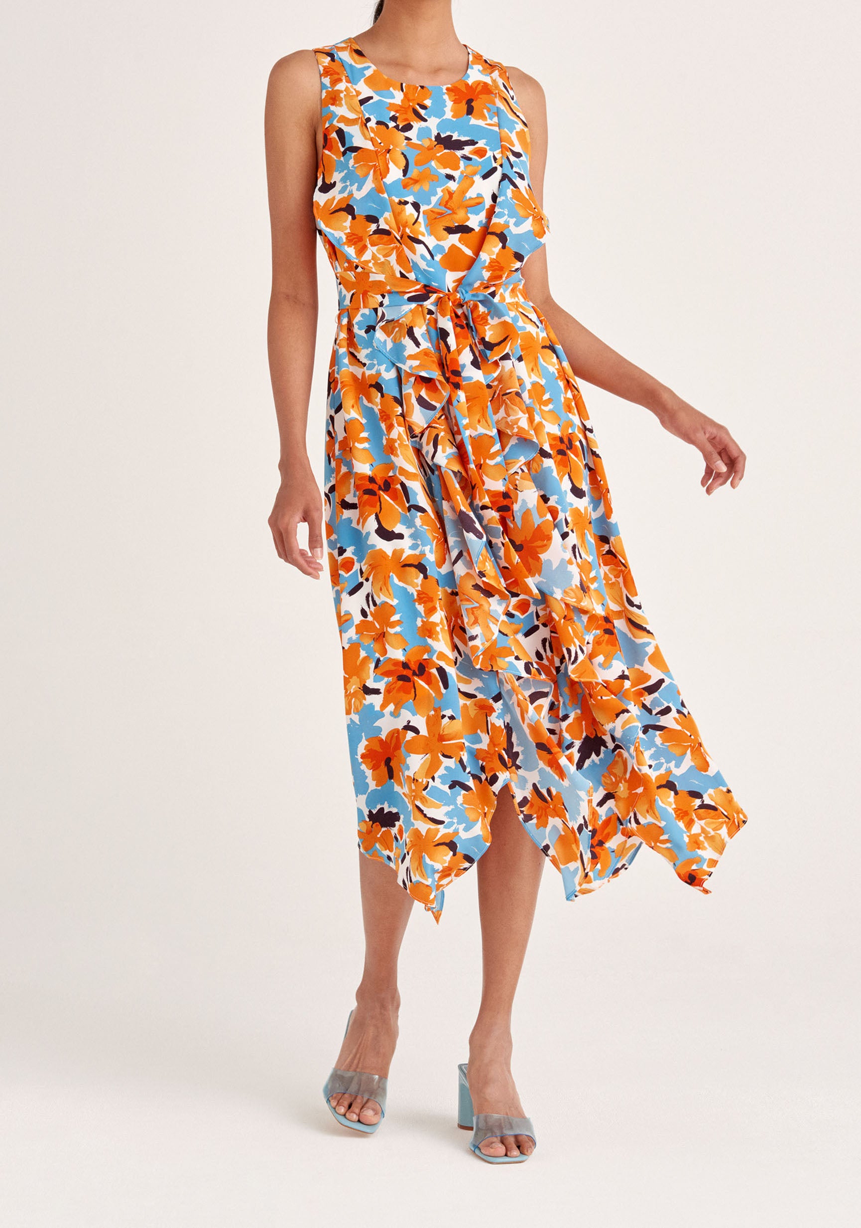 Paisie Sleeveless Floral Frilled Belted Dress in Orange