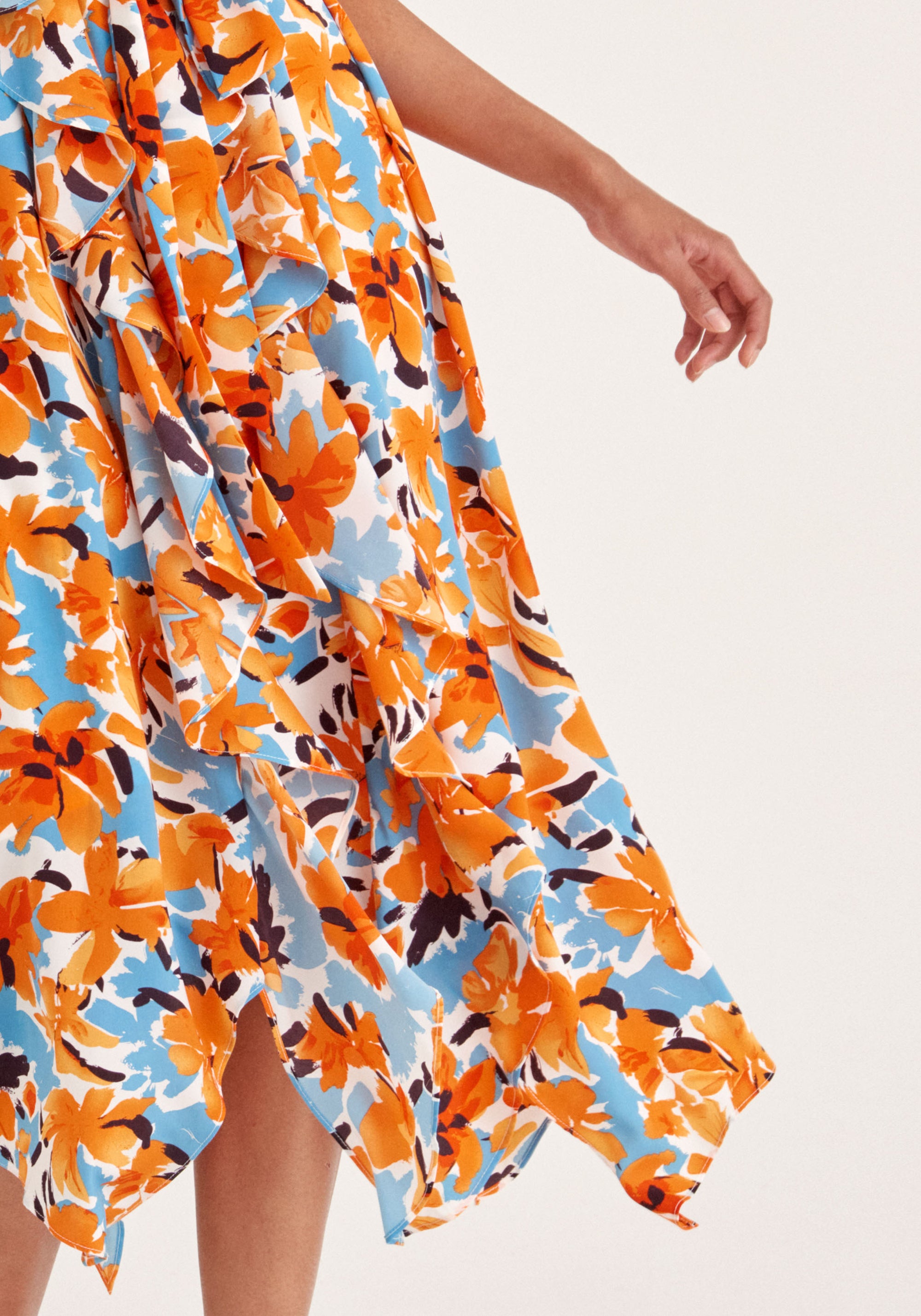 Paisie Sleeveless Floral Frilled Belted Dress in Orange Close Up