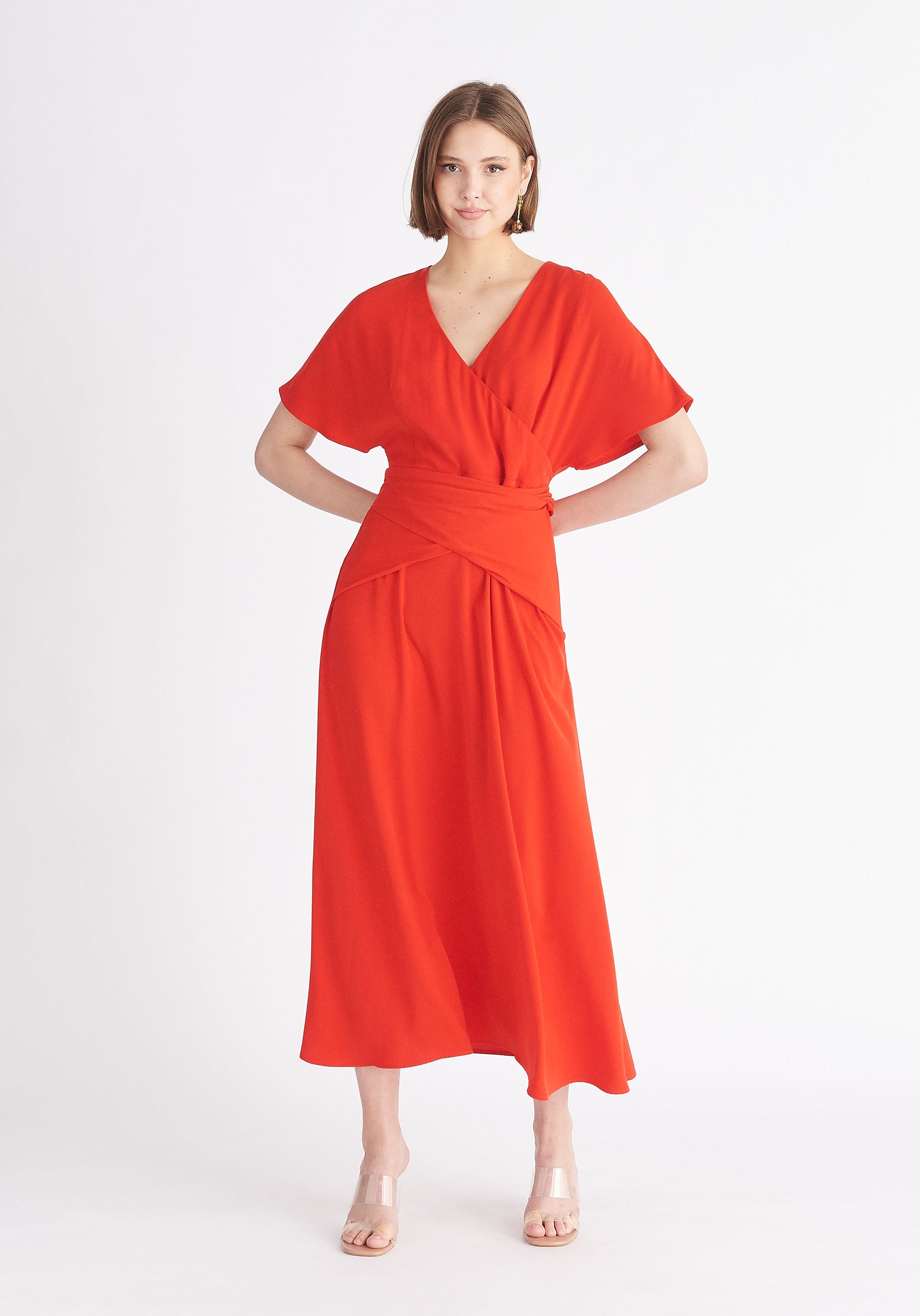 Paisie Bell Sleeve Maxi Dress in Red