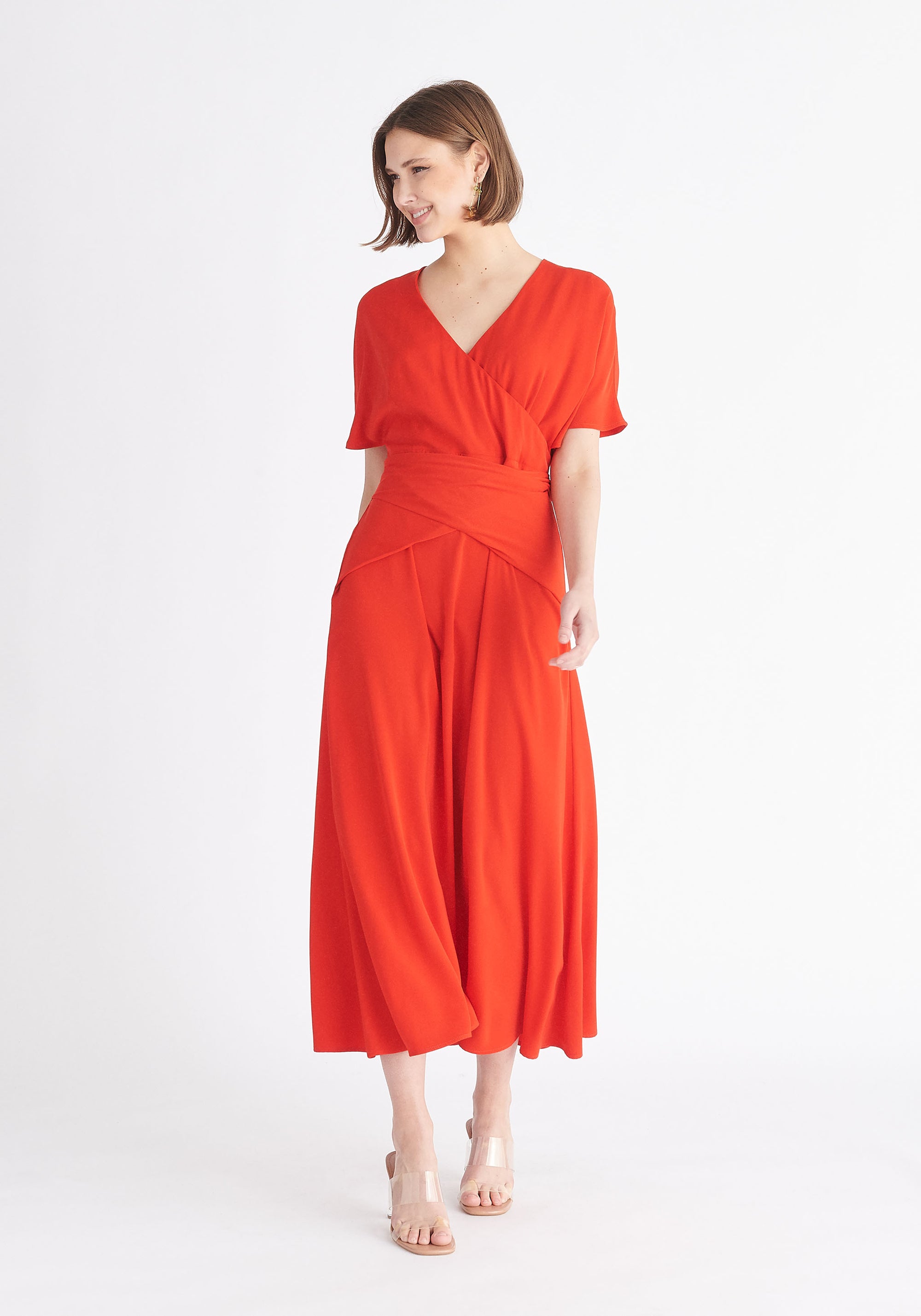 Paisie Bell Sleeve Maxi Dress in Red