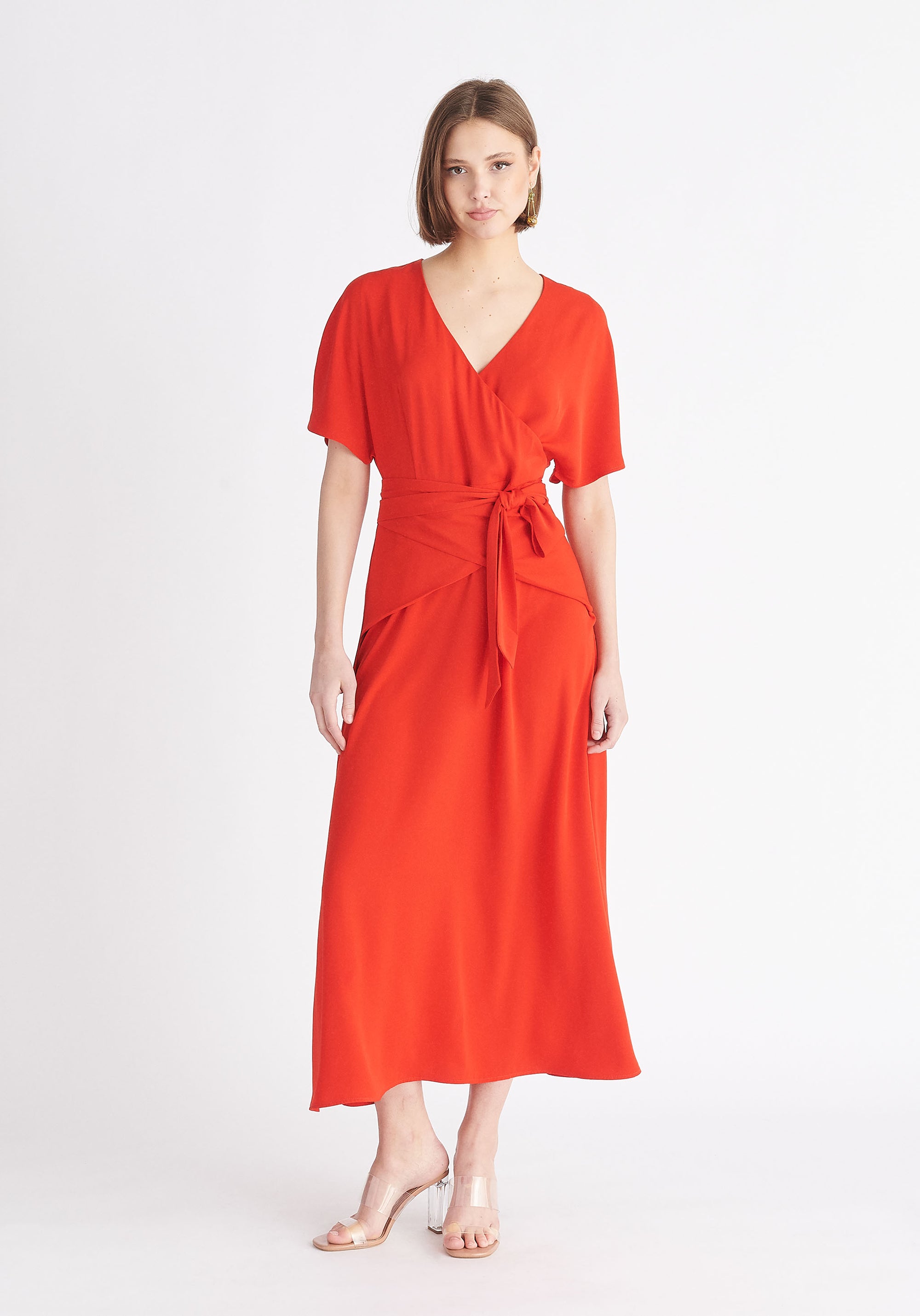 Paisie Bell Sleeve Maxi Dress in Red