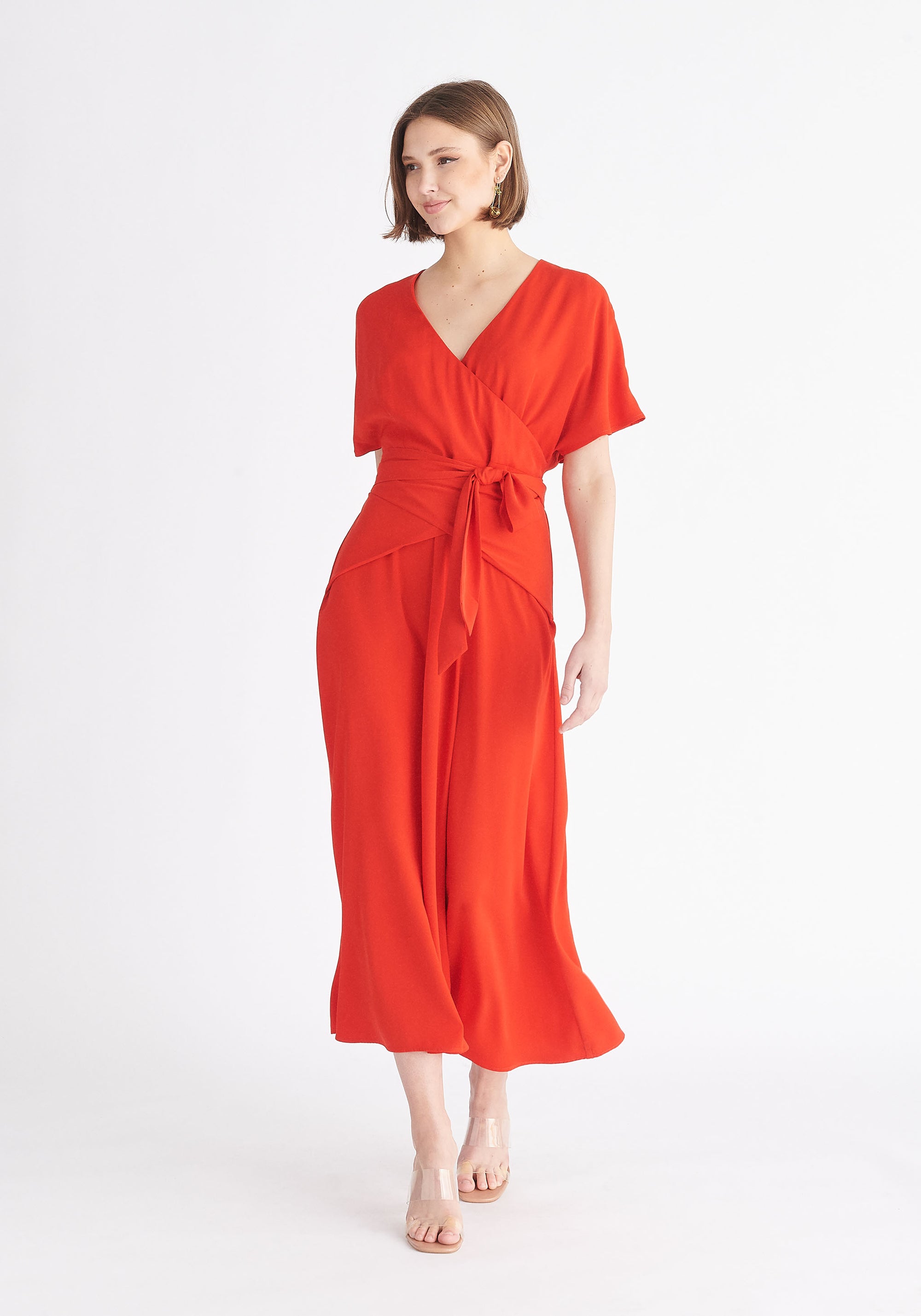 Paisie Bell Sleeve Maxi Dress in Red