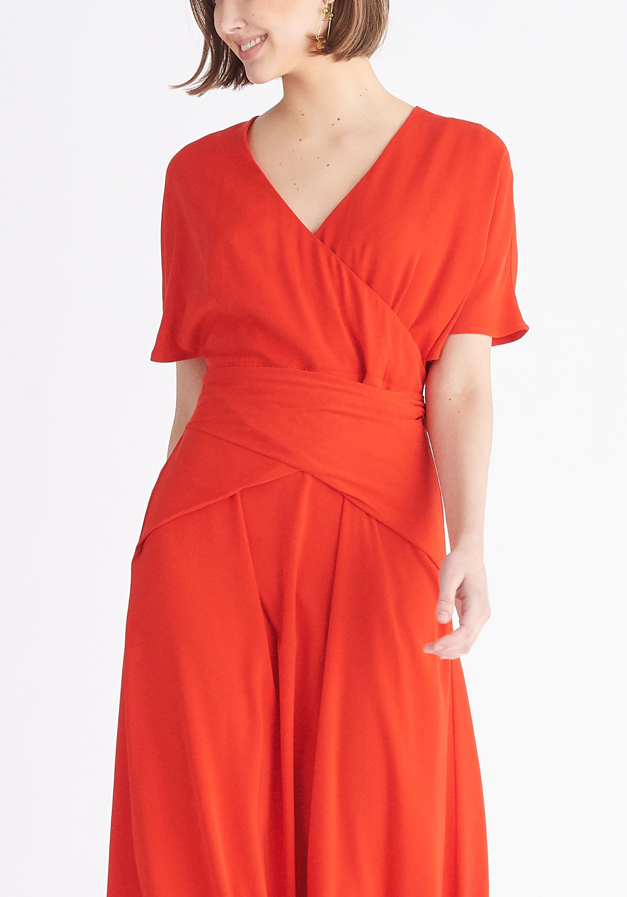 Paisie Bell Sleeve Maxi Dress in Red Close Up