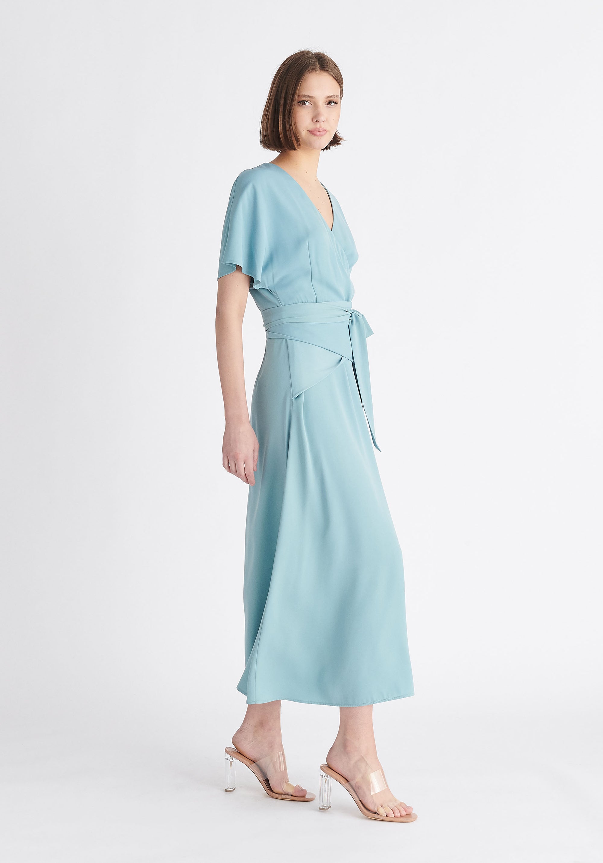 Paisie Bell Sleeve Maxi Dress in Teal Side