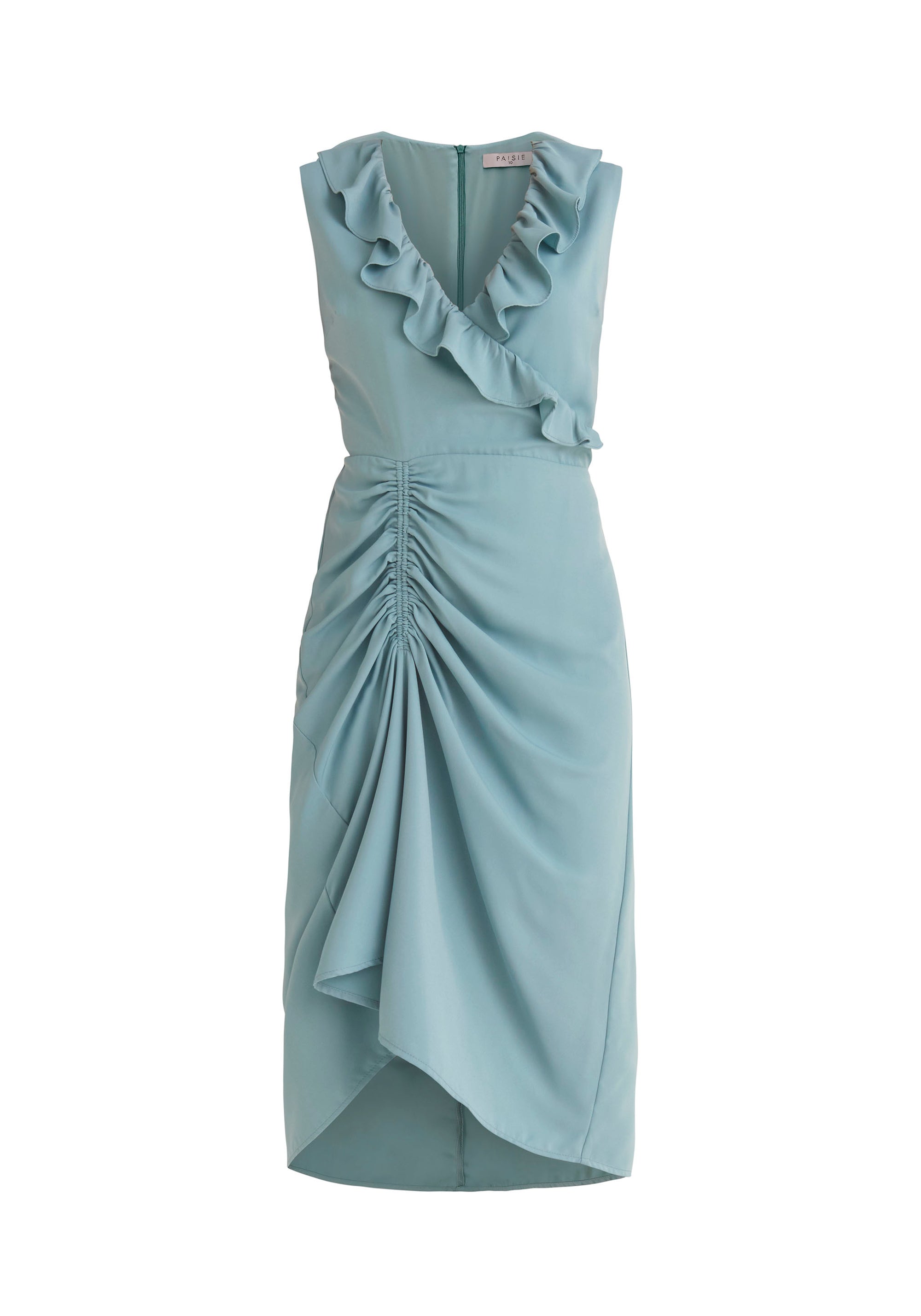 Paisie Ruched Midi Dress with Frills in Blue Cut Out