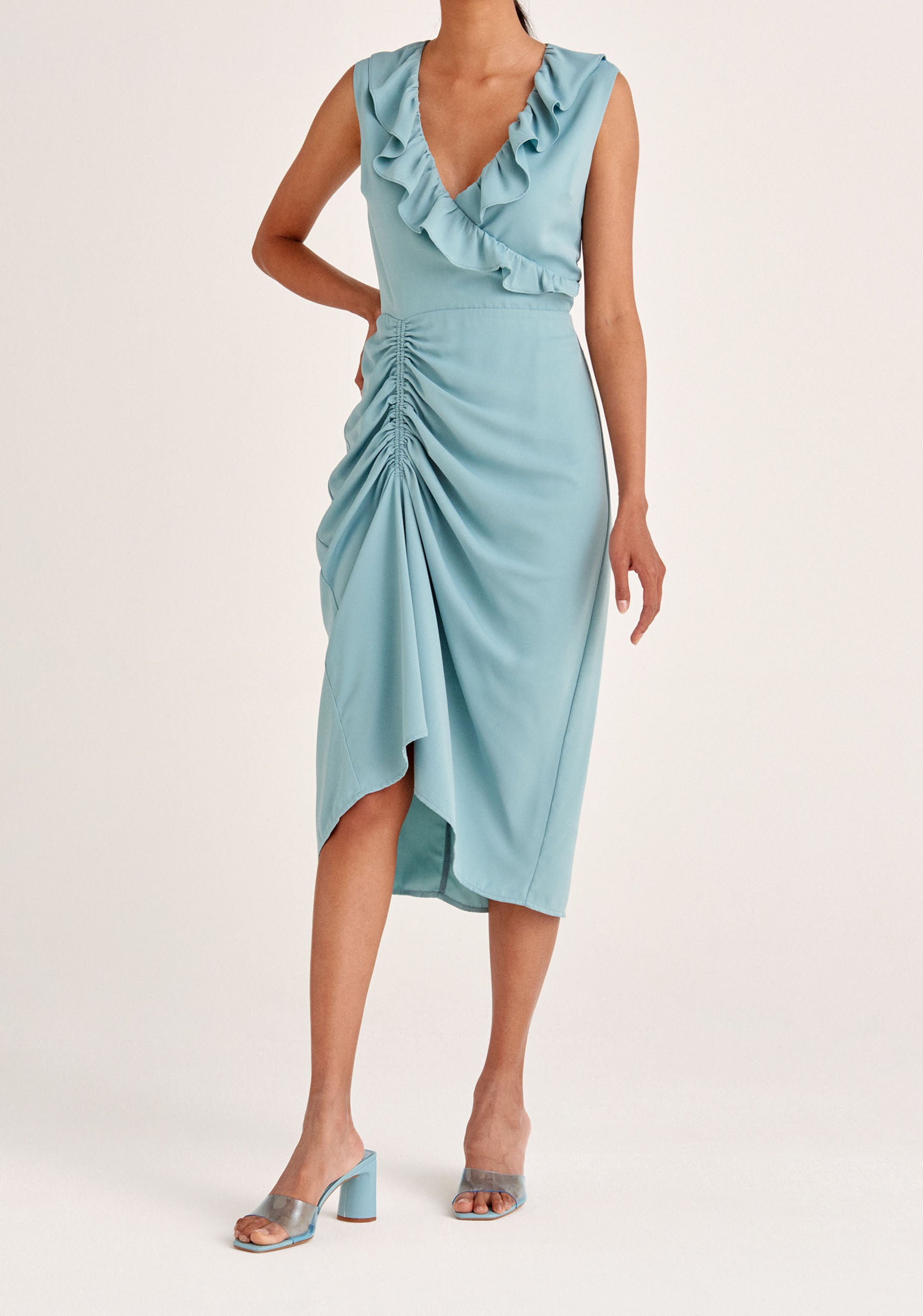 Paisie Ruched Midi Dress with Frills in Blue