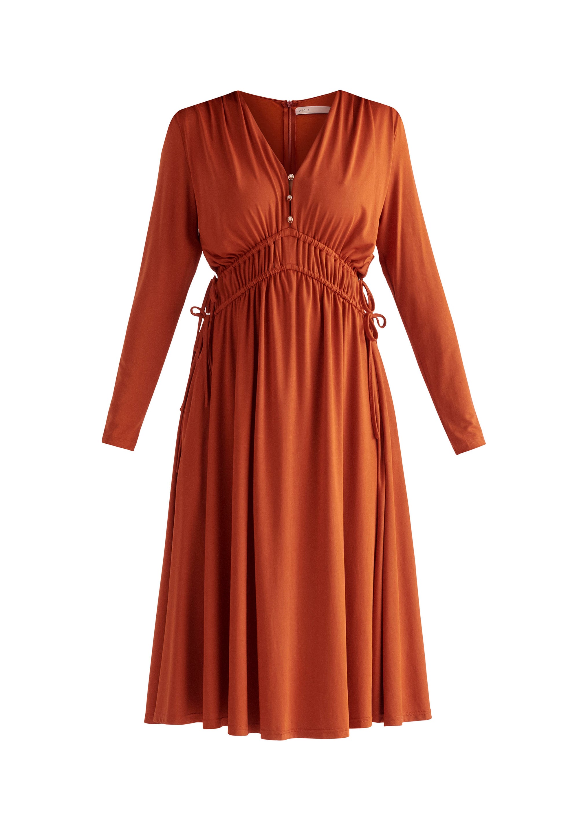 Paisie Ruched Waist Modal Dress in Burnt Orange Cut Out