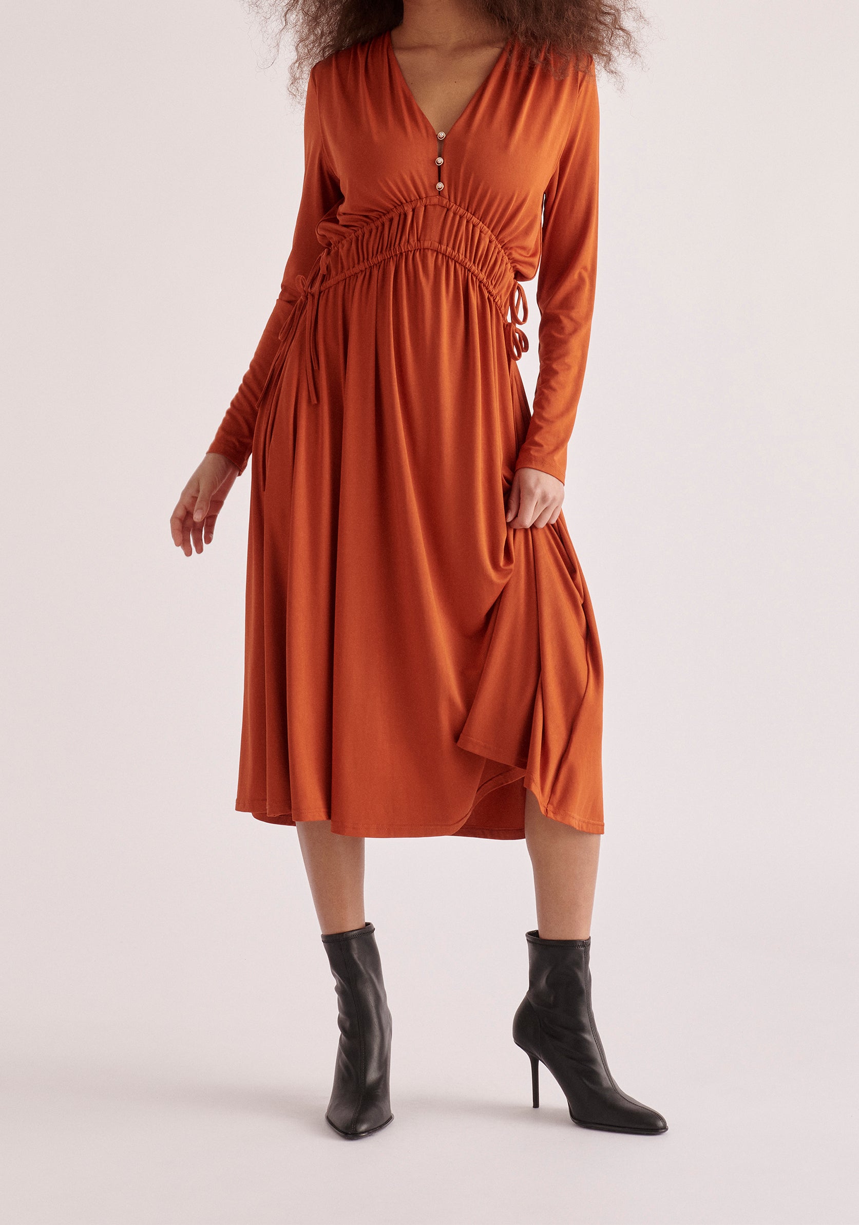 Paisie Ruched Waist Modal Dress in Burnt Orange