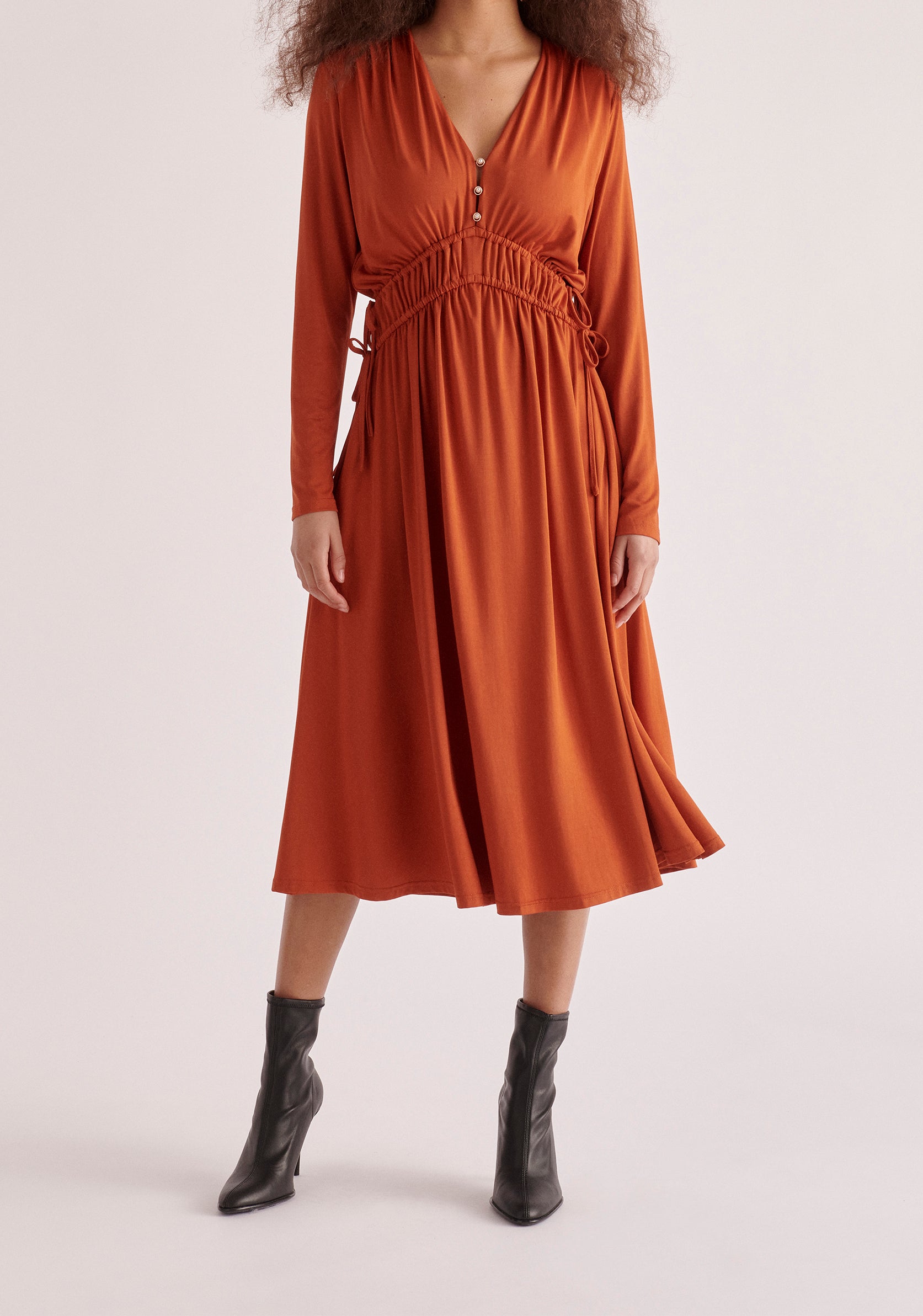 Paisie Ruched Waist Modal Dress in Burnt Orange