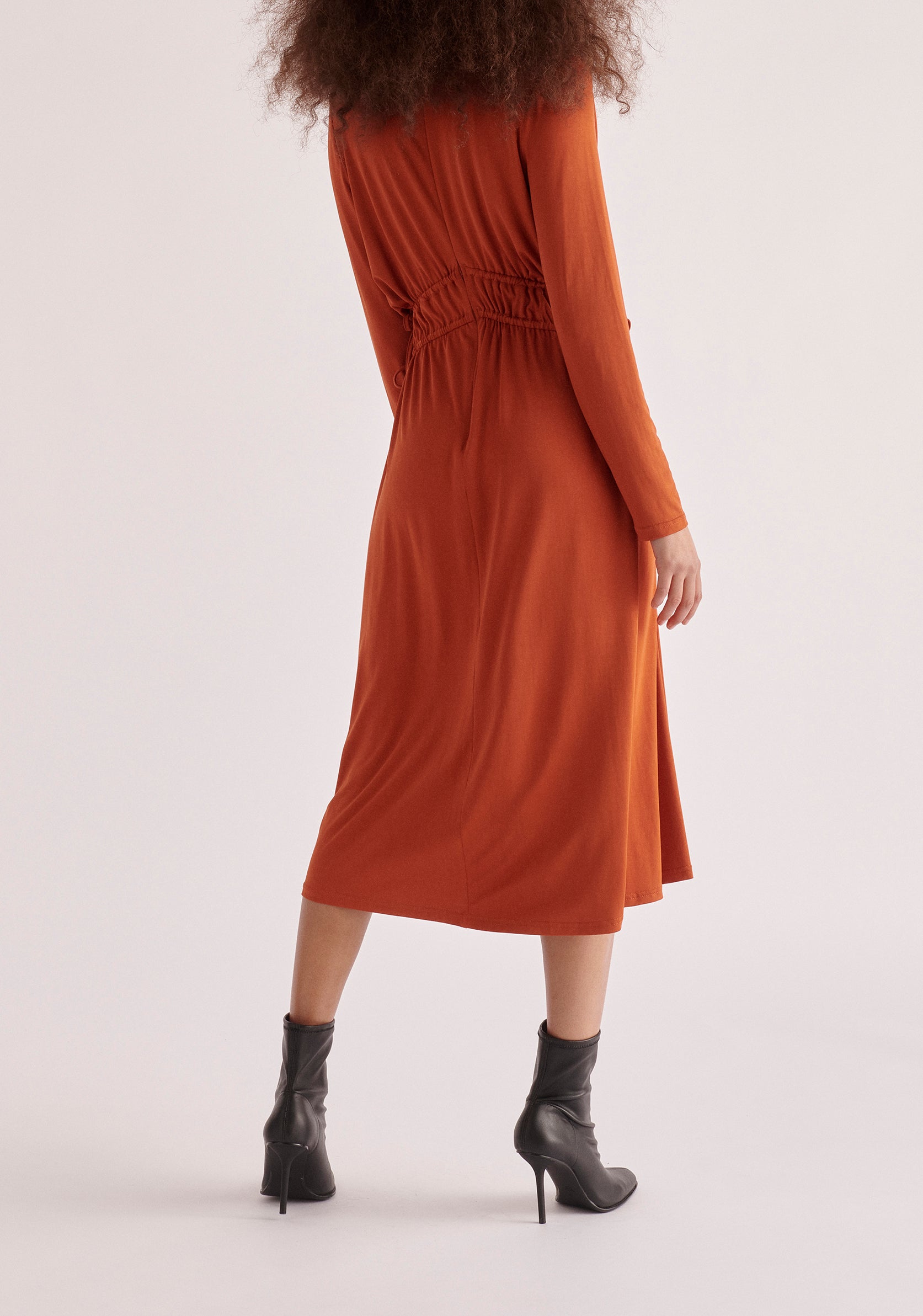 Paisie Ruched Waist Modal Dress in Burnt Orange Back