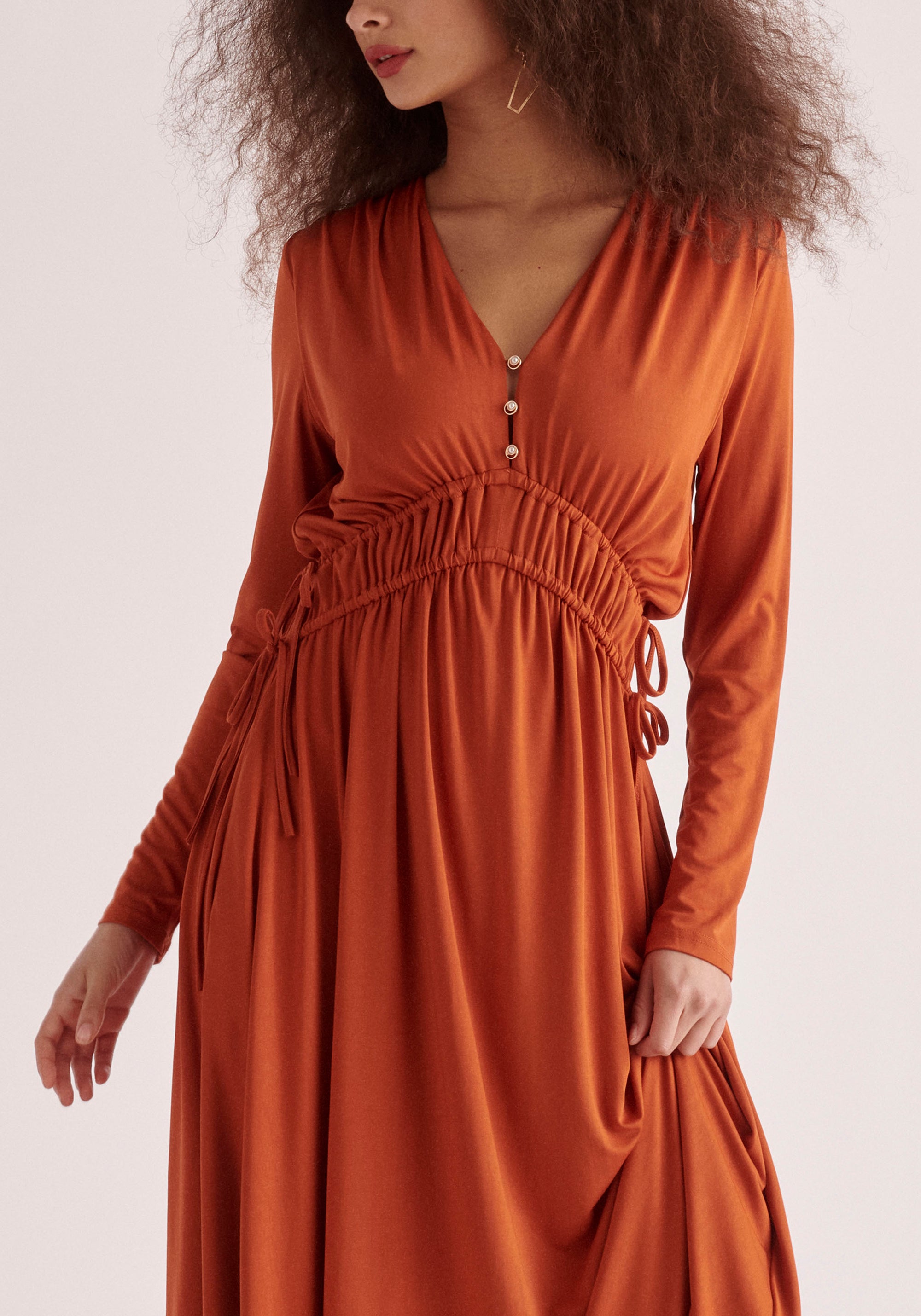 Paisie Ruched Waist Modal Dress in Burnt Orange Close Up